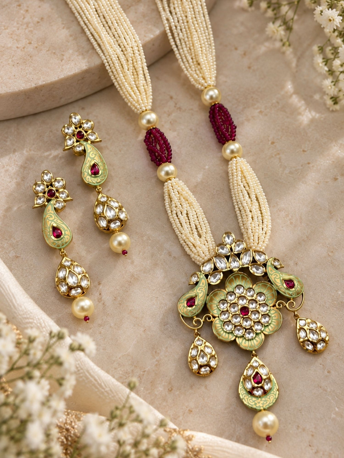 Meenakari Kundan Peacock Mala Necklace Set with Earrings
