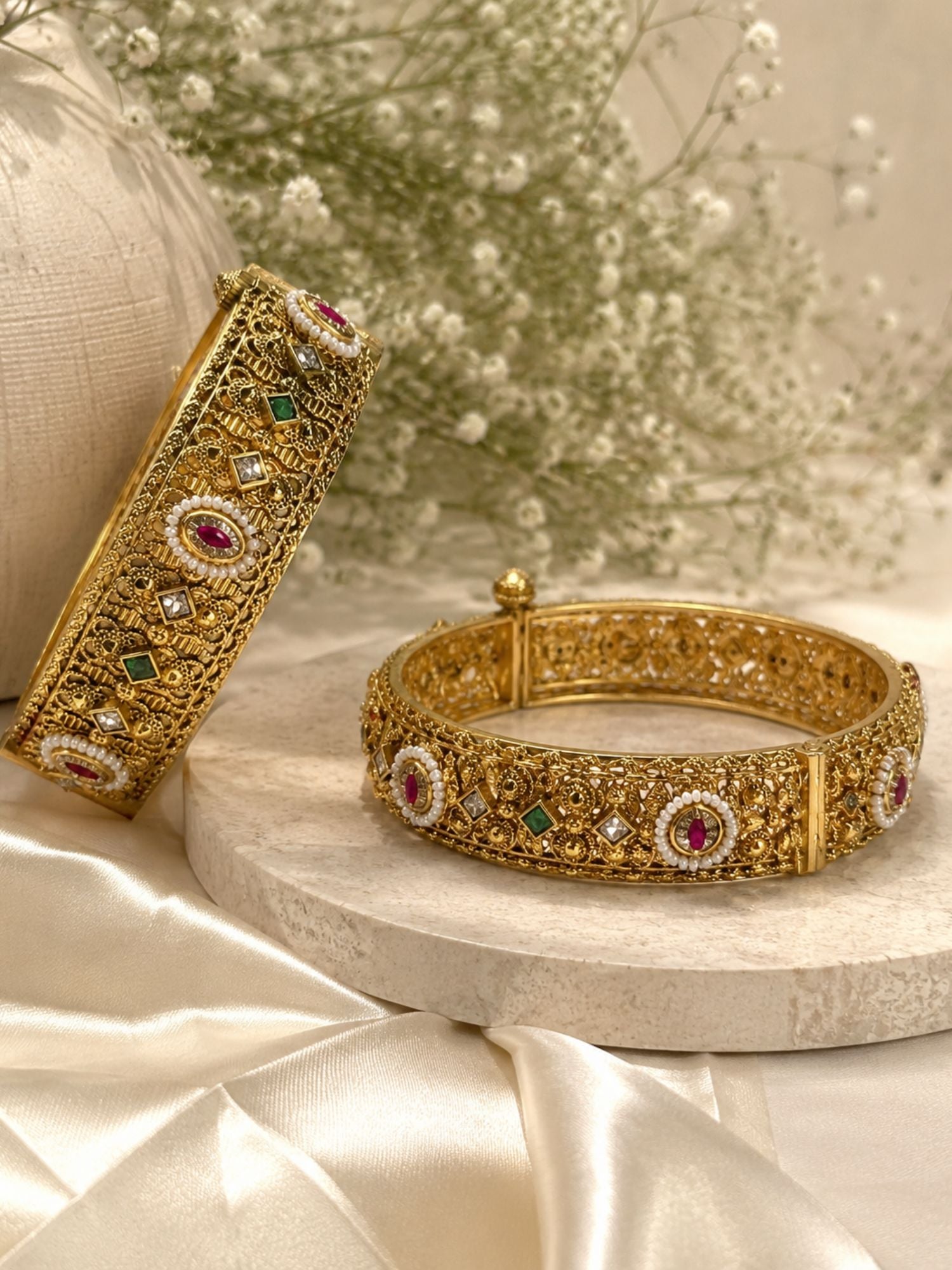 Antique gold Kundan peacock bangle set with multicolour stones – view 2