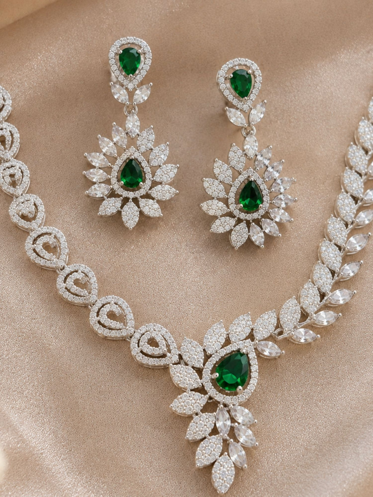Silver Plated Green American Diamond Floral Necklace Set
