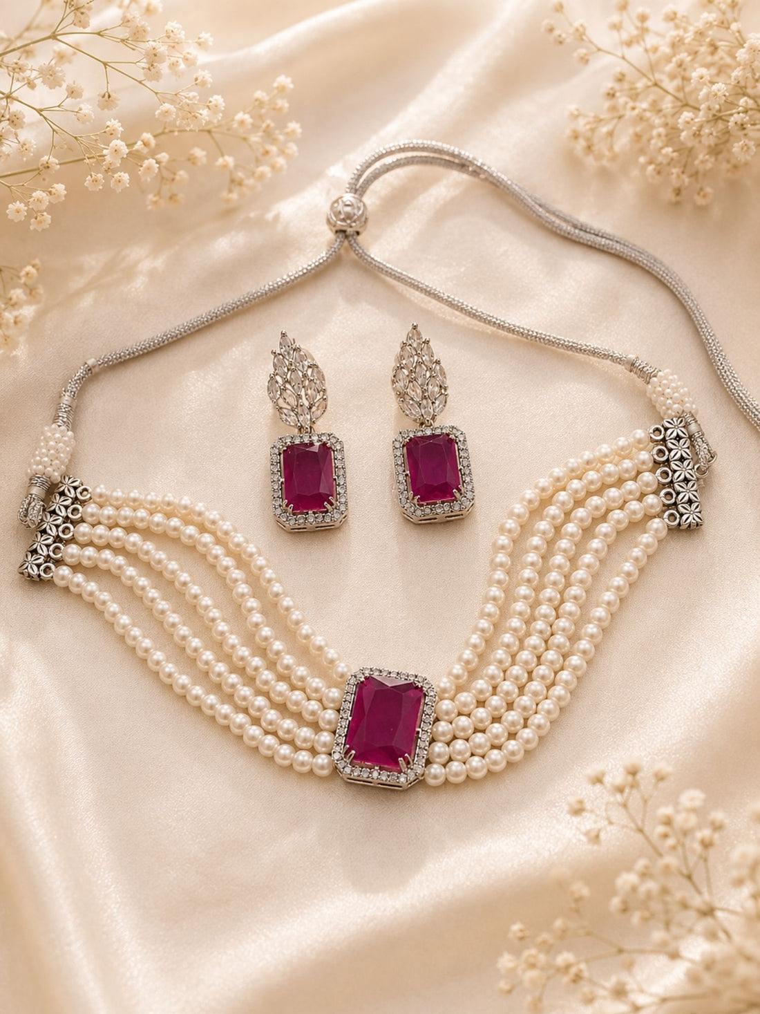 Ruby Pearl Choker Set in Silver Plating – Bridal | Abdesigns