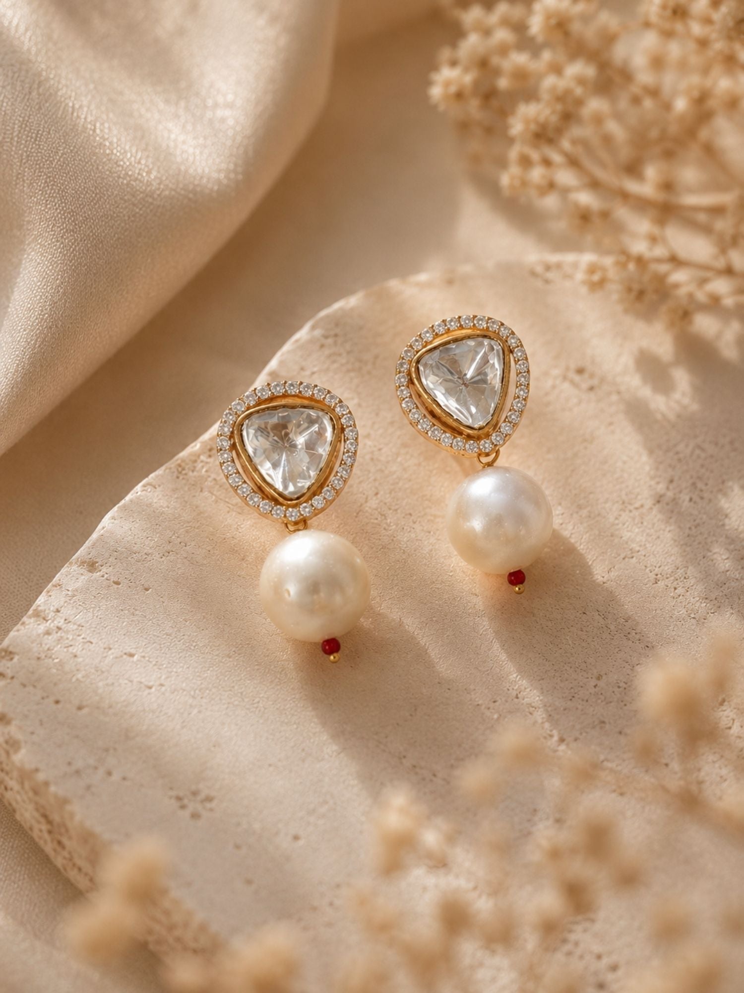 Combo Of Gold Plated Kundan Pearl & Green Bead Earrings