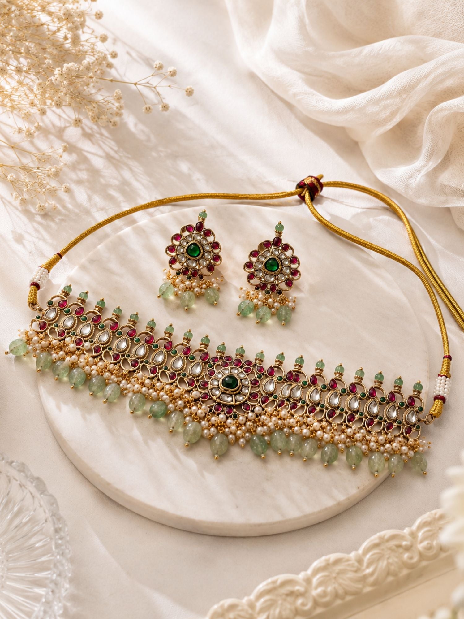 Abdesigns Kundan Kemp Stone Choker Green Bead Drops Necklace Set