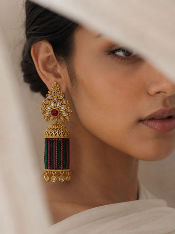 Traditional Pink Green Beaded Jhumka Earrings – Kundan Tassel Statement Earrings - earrings by Abdesigns Jewellery