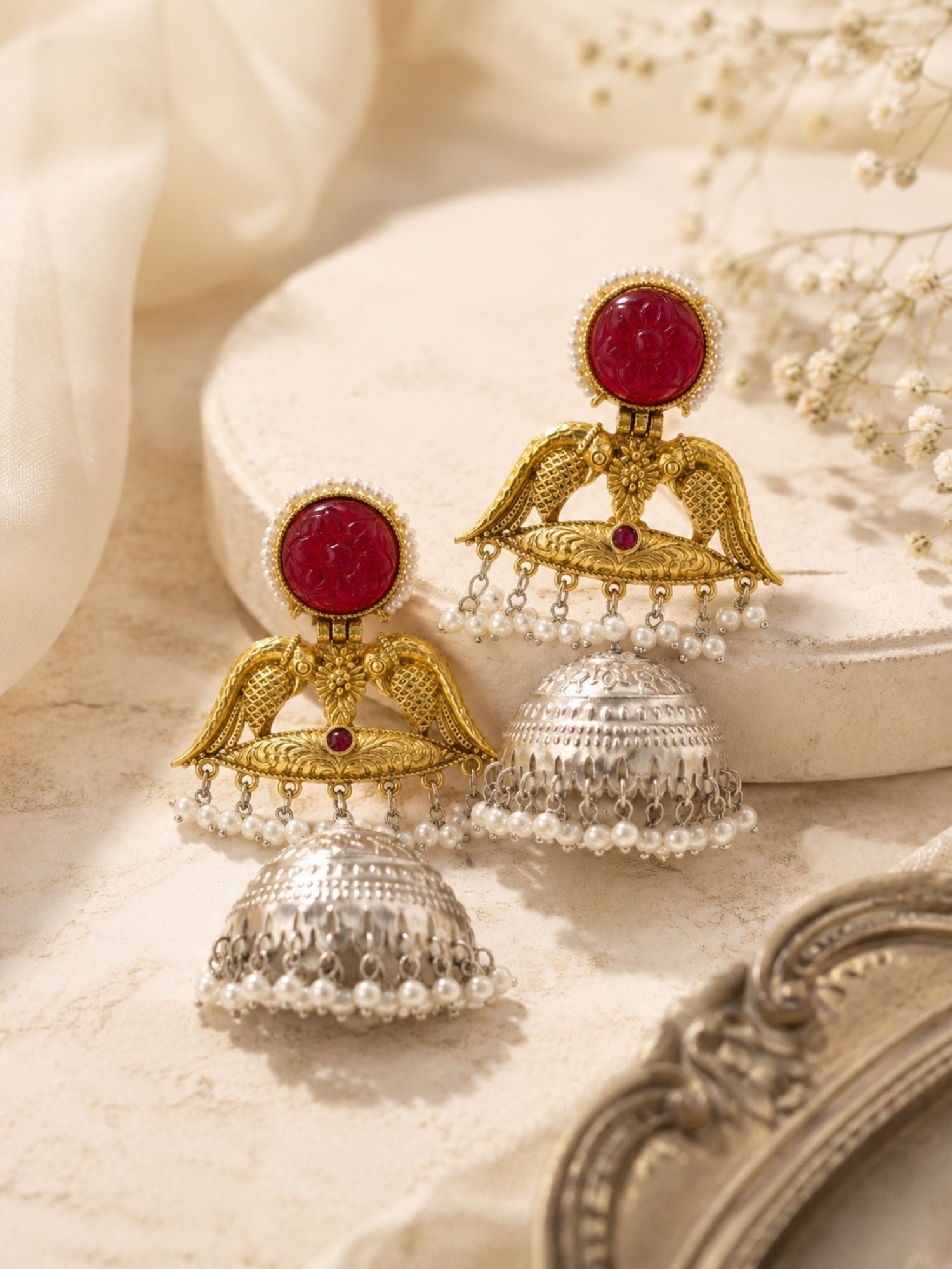 Dual Tone Pink Meenakari German Silver Jhumka Earrings Combo Set of 2 for Women