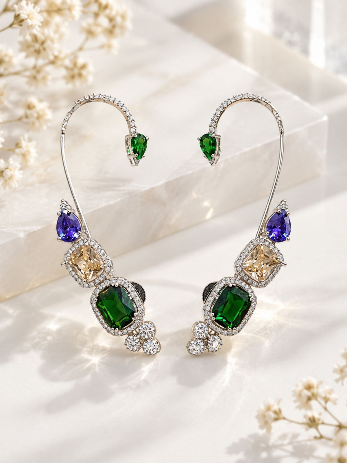 Silver Plated Multicolor AD Stone Statement Ear Cuff Earring for Women
