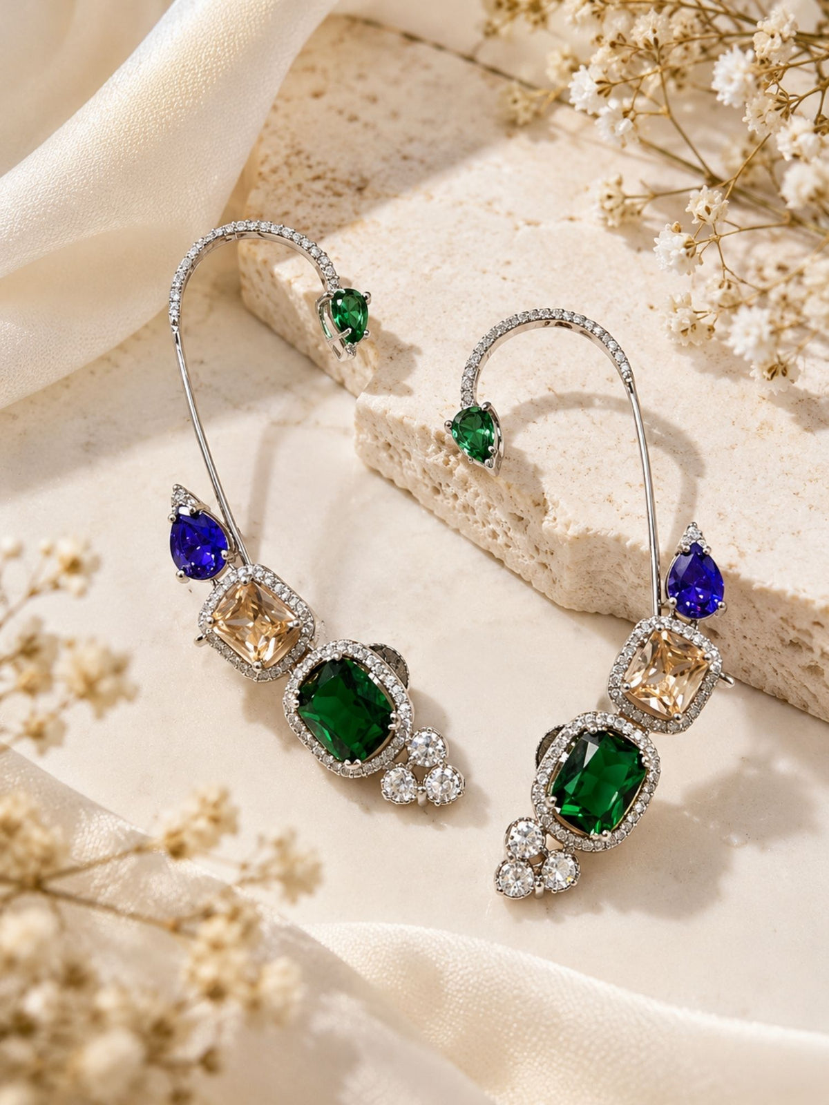 Silver Plated Multicolor AD Stone Statement Ear Cuff Earring for Women