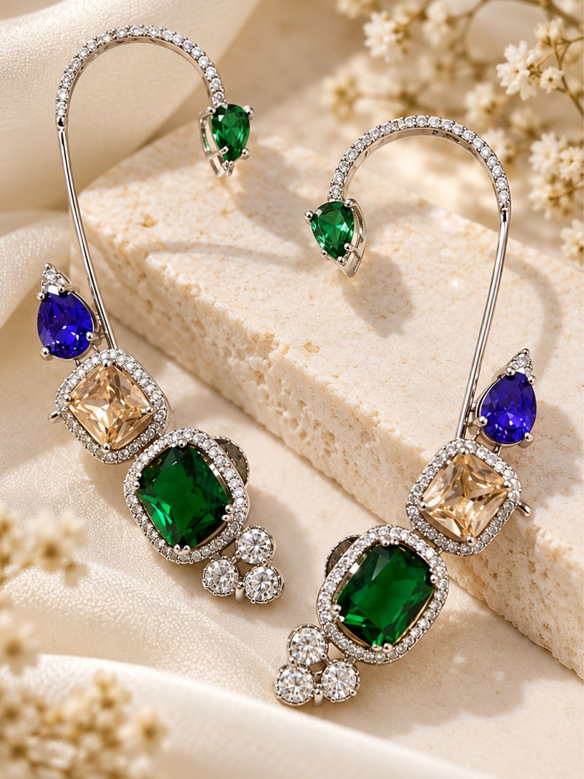 Silver Plated Multicolor AD Stone Statement Ear Cuff Earring for Women