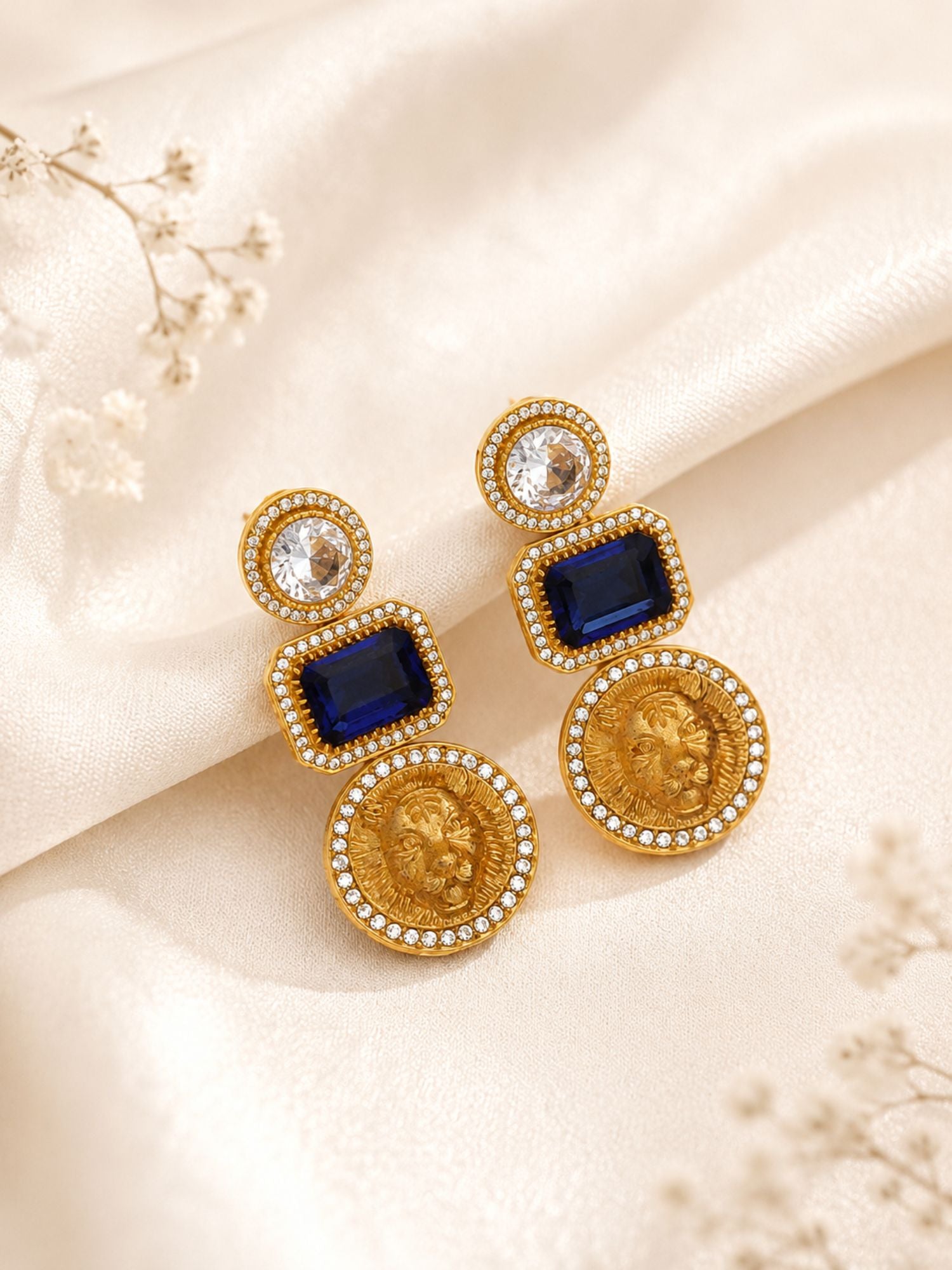 Lion Motif CZ Statement Earrings for Women Gold Plated Abdesigns Jewellery