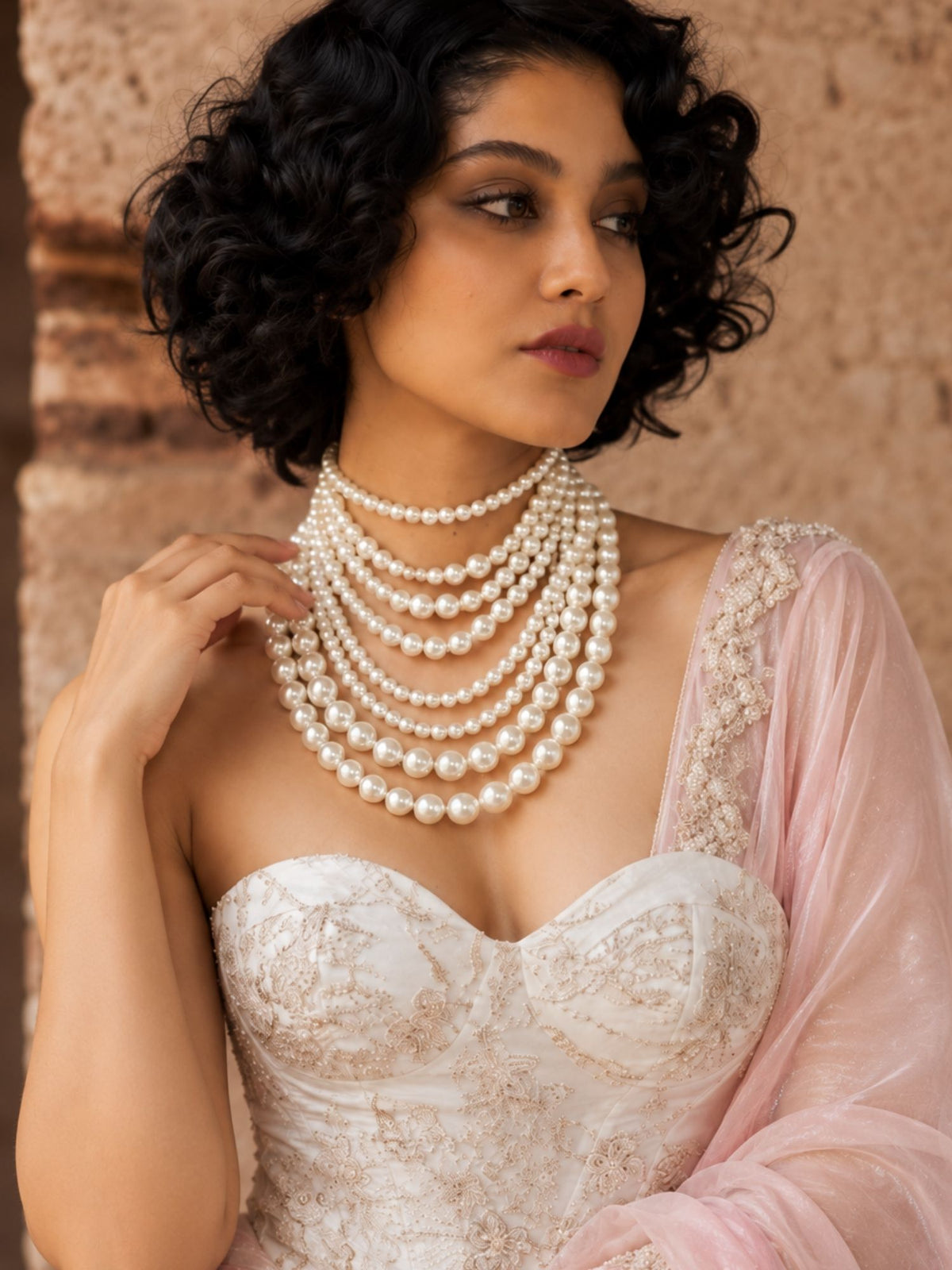 Multi Layer White Pearl Statement Necklace for Women