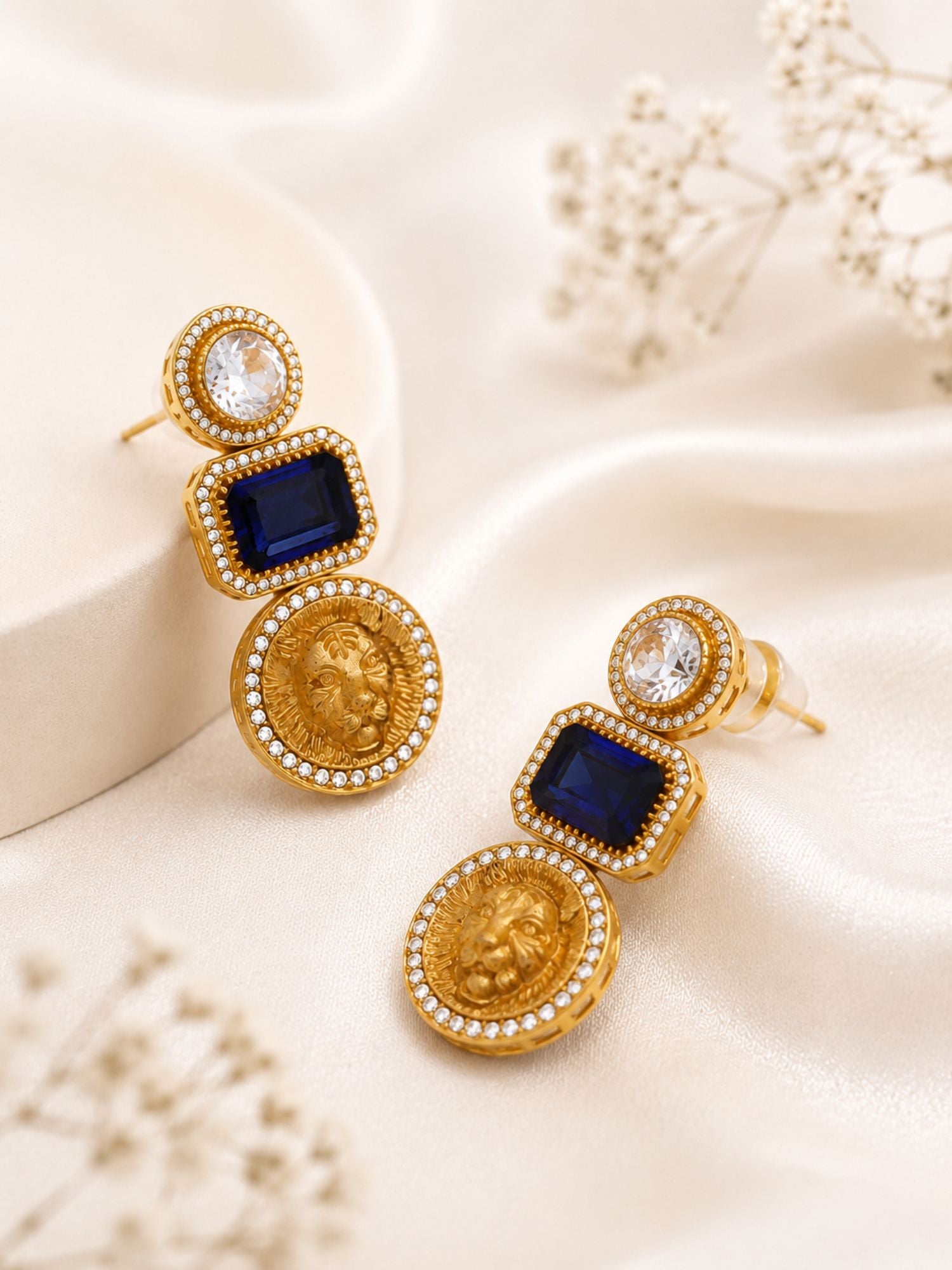 Lion Motif CZ Statement Earrings for Women Gold Plated Abdesigns Jewellery