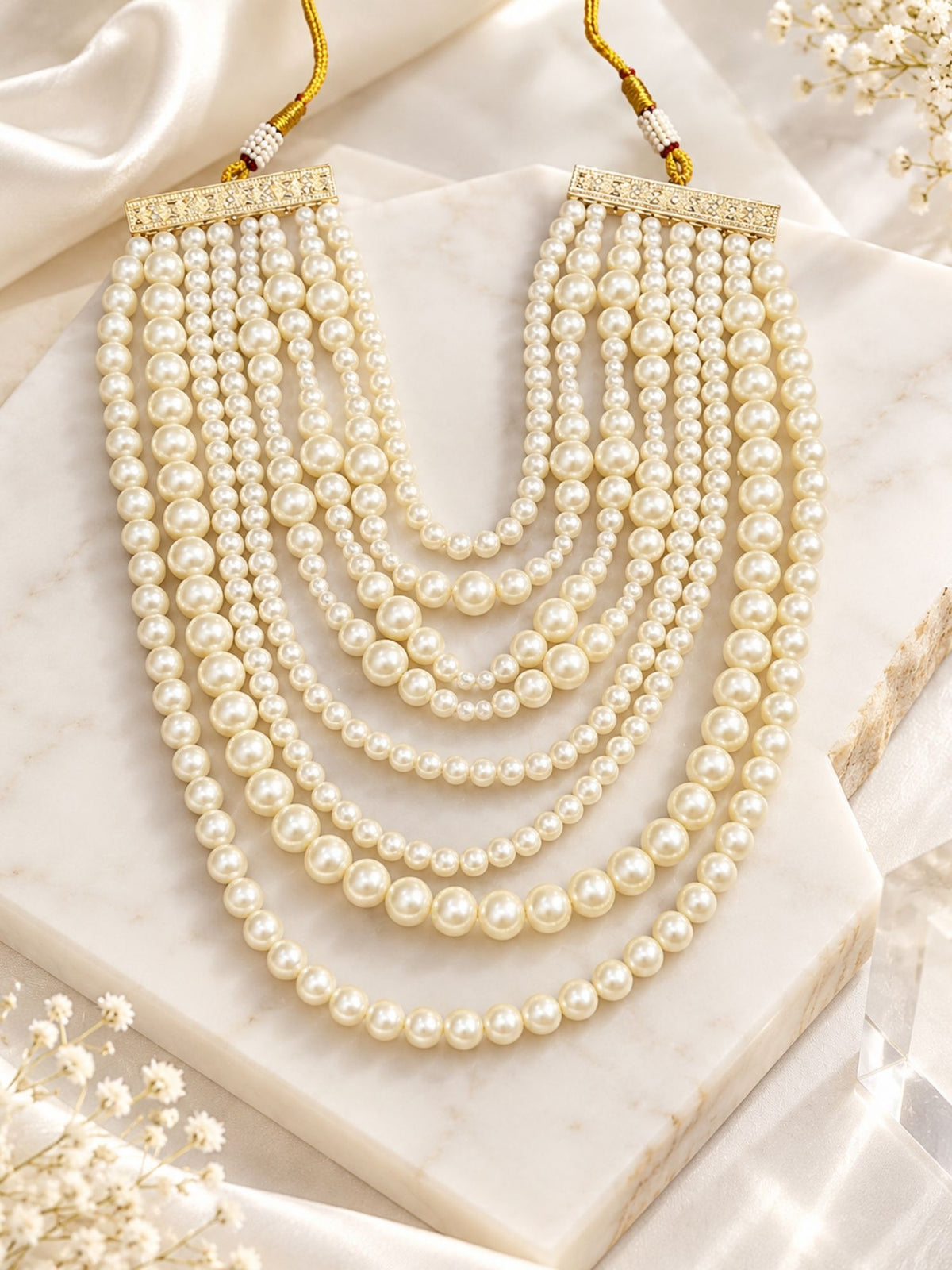 Multi Layer White Pearl Statement Necklace for Women