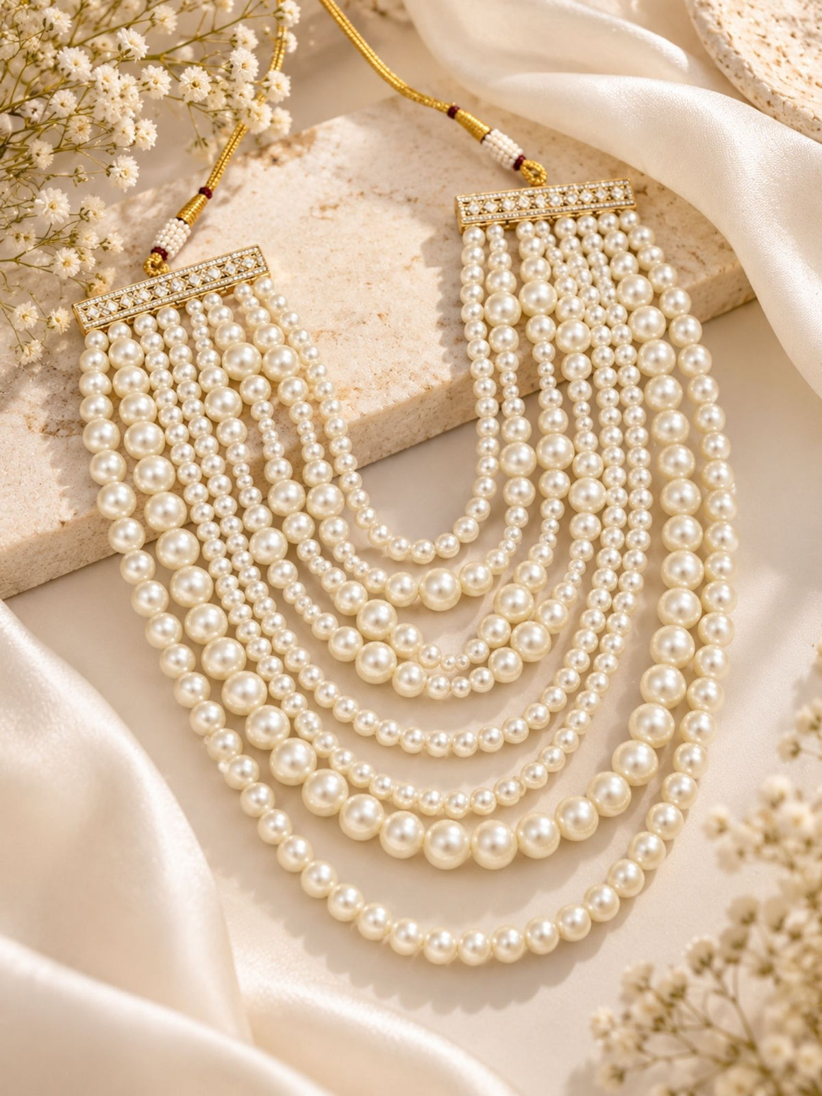 Multi Layer White Pearl Statement Necklace for Women