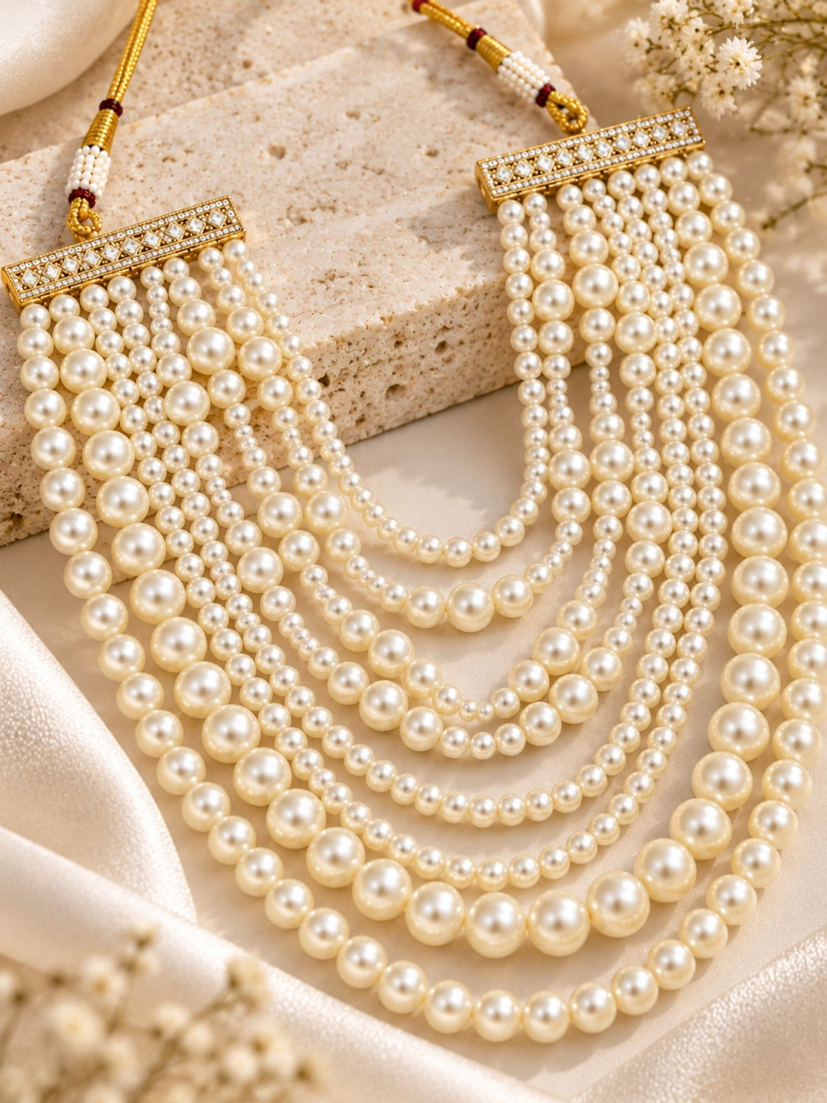 Multi Layer White Pearl Statement Necklace for Women