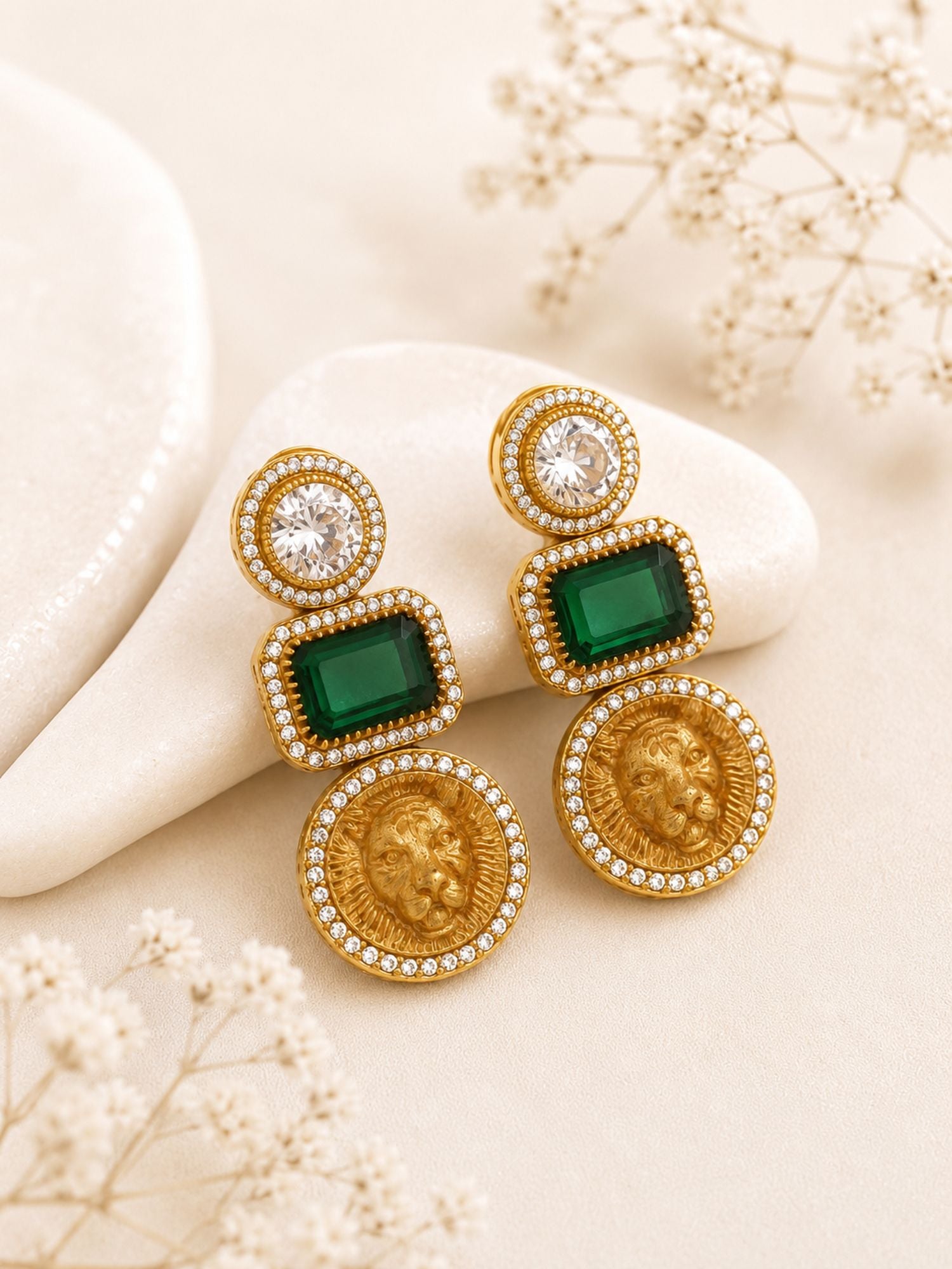 Lion Motif CZ Statement Earrings for Women Gold Plated Abdesigns Jewellery