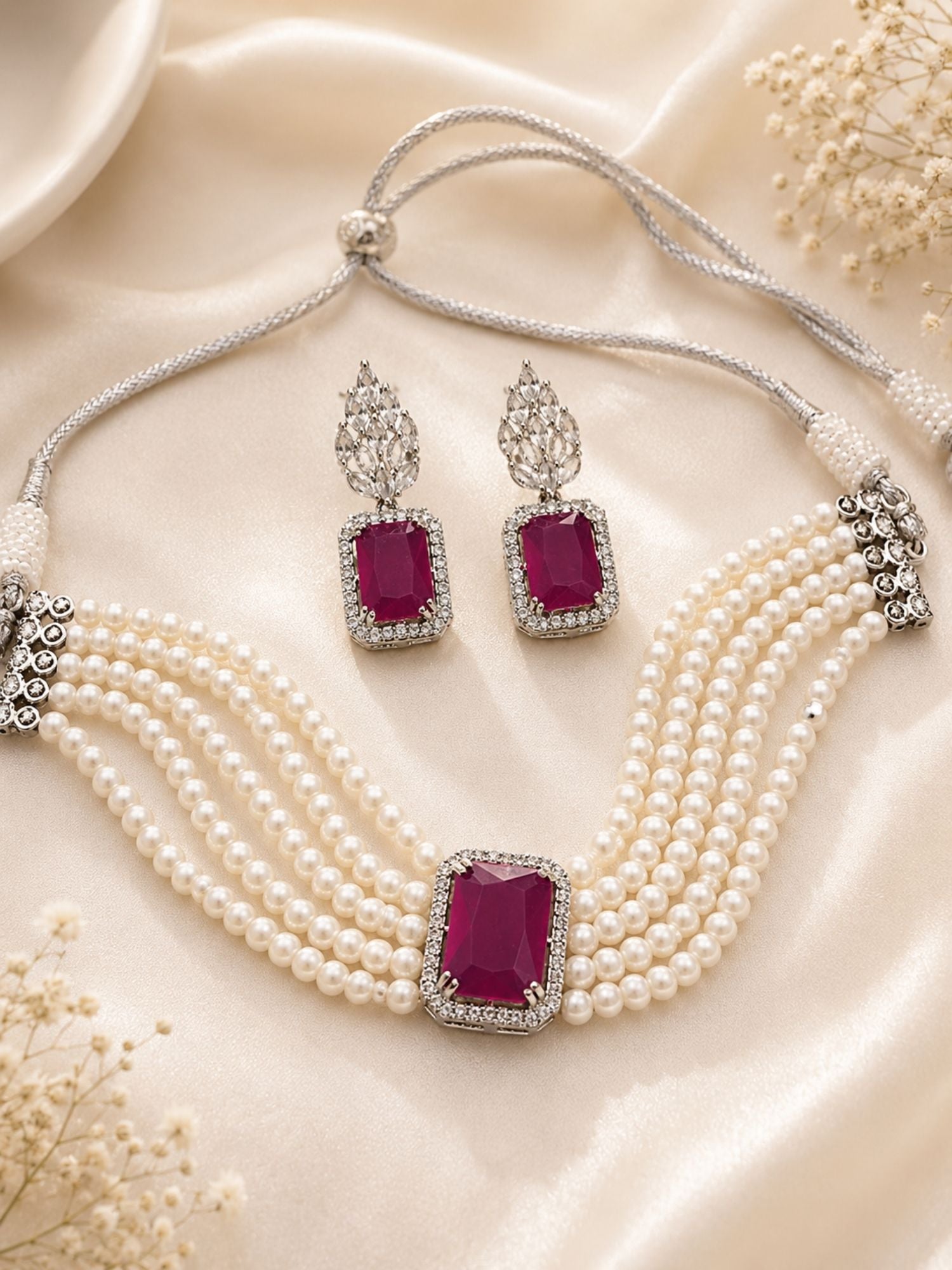 Ruby Pearl Choker Set in Silver Plating – Bridal | Abdesigns