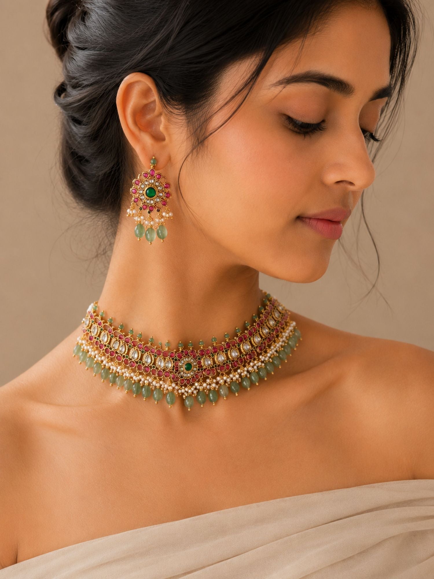 Abdesigns Kundan Kemp Stone Choker Green Bead Drops Necklace Set