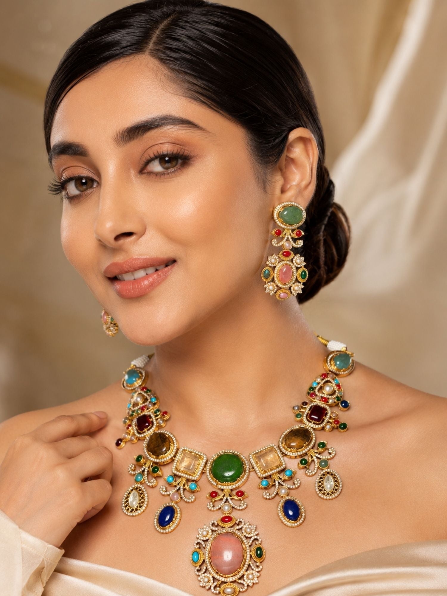 Multicolor Stone Pendant Choker Necklace Set | Abdesigns