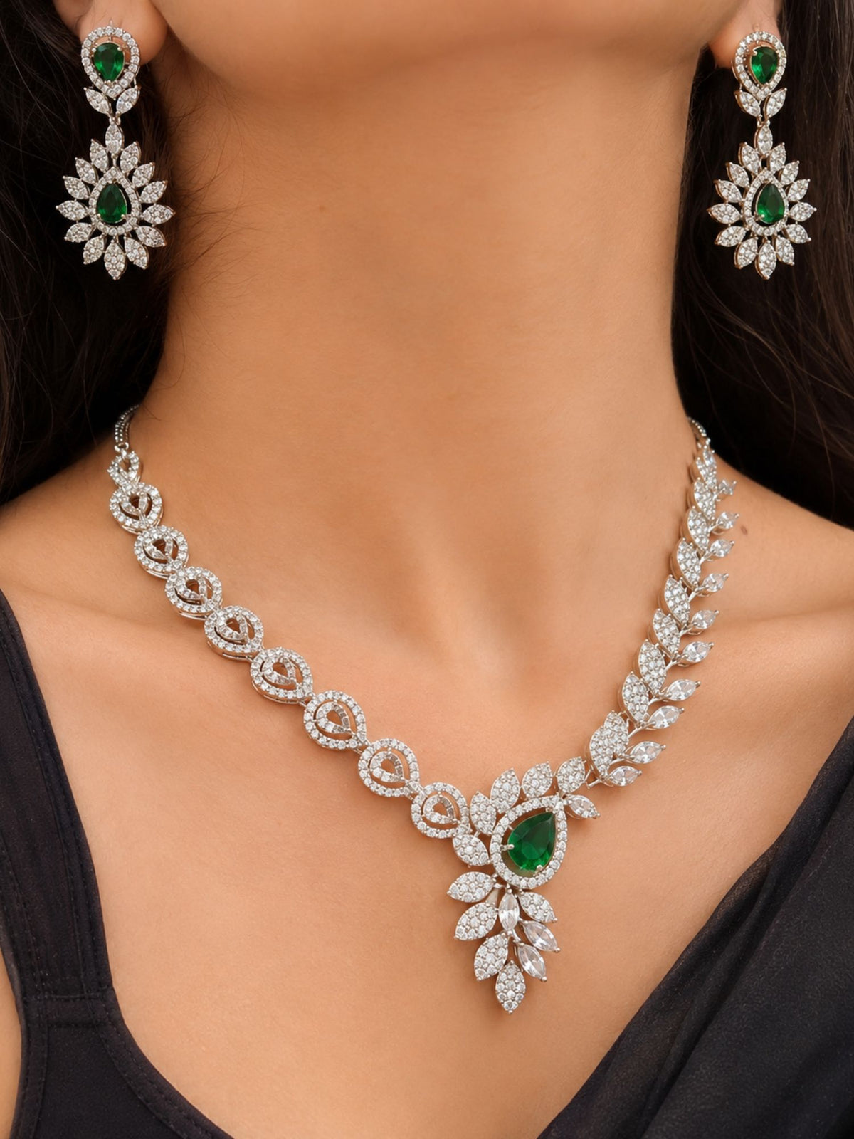 Silver Plated Green American Diamond Floral Necklace Set