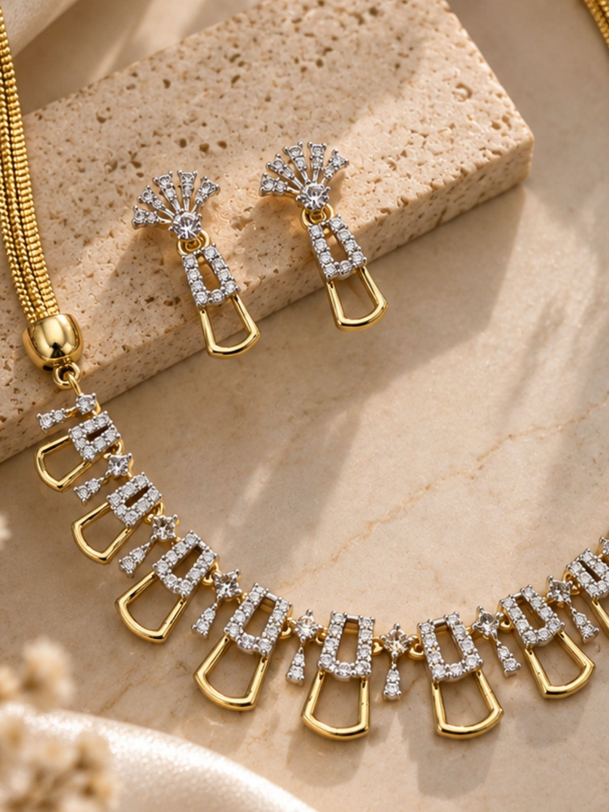 Delicate AD Stone Geometric Drop Necklace Set with Earrings