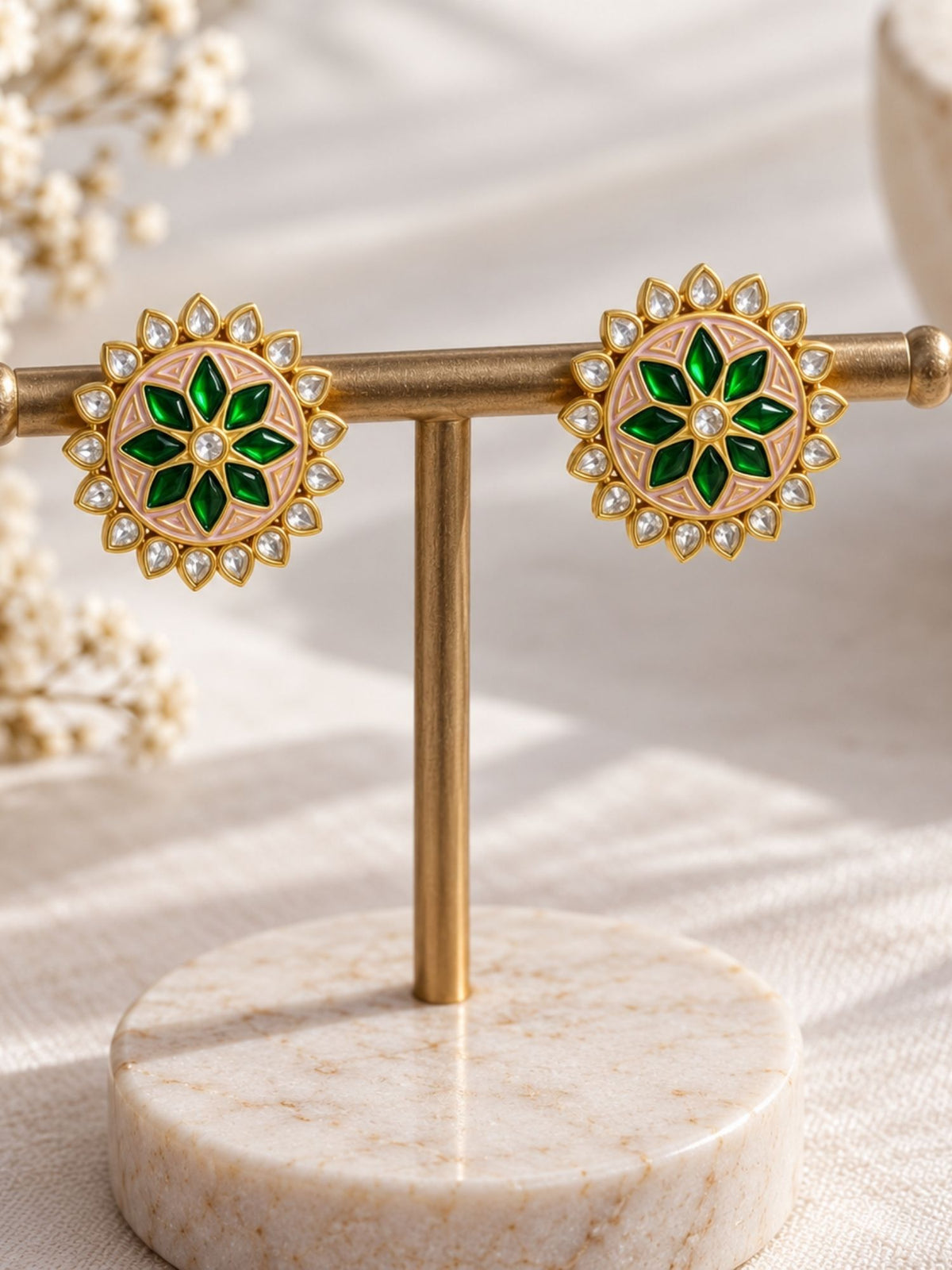 Green Meenakari Kundan Floral Stud Earrings Gold Plated | Abdesigns