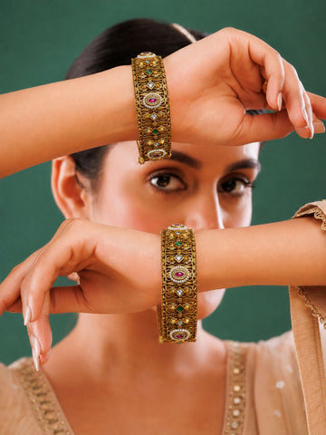 Antique gold Kundan peacock bangle set with pearls – set of 2, front view
