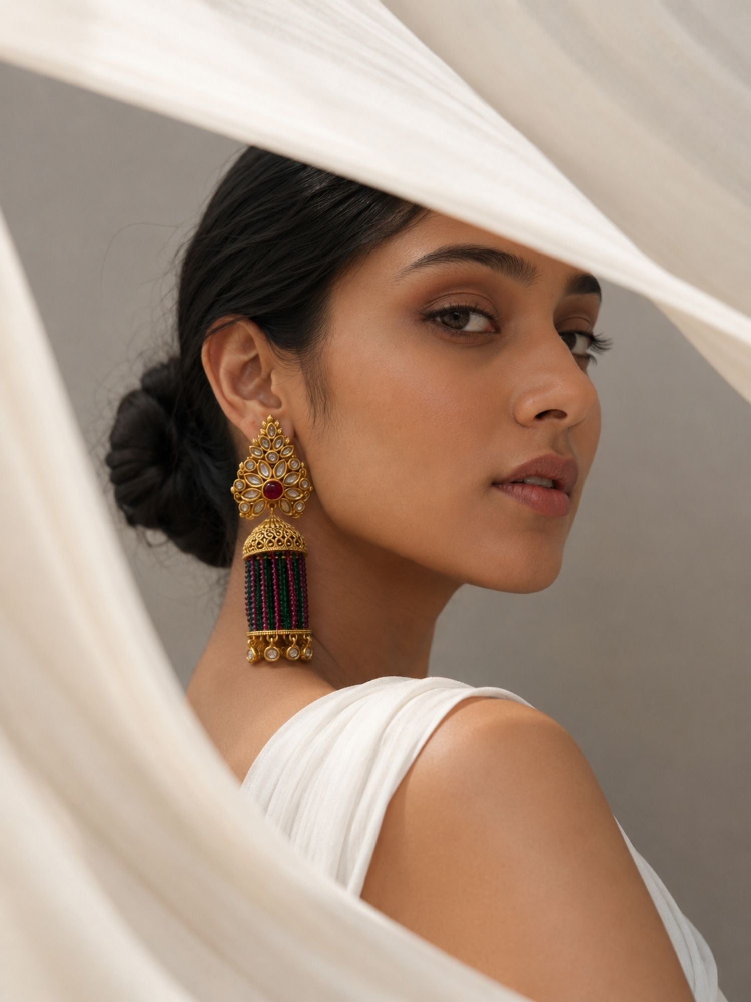 Traditional Pink Green Beaded Jhumka Earrings – Kundan Tassel Statement Earrings - earrings by Abdesigns Jewellery