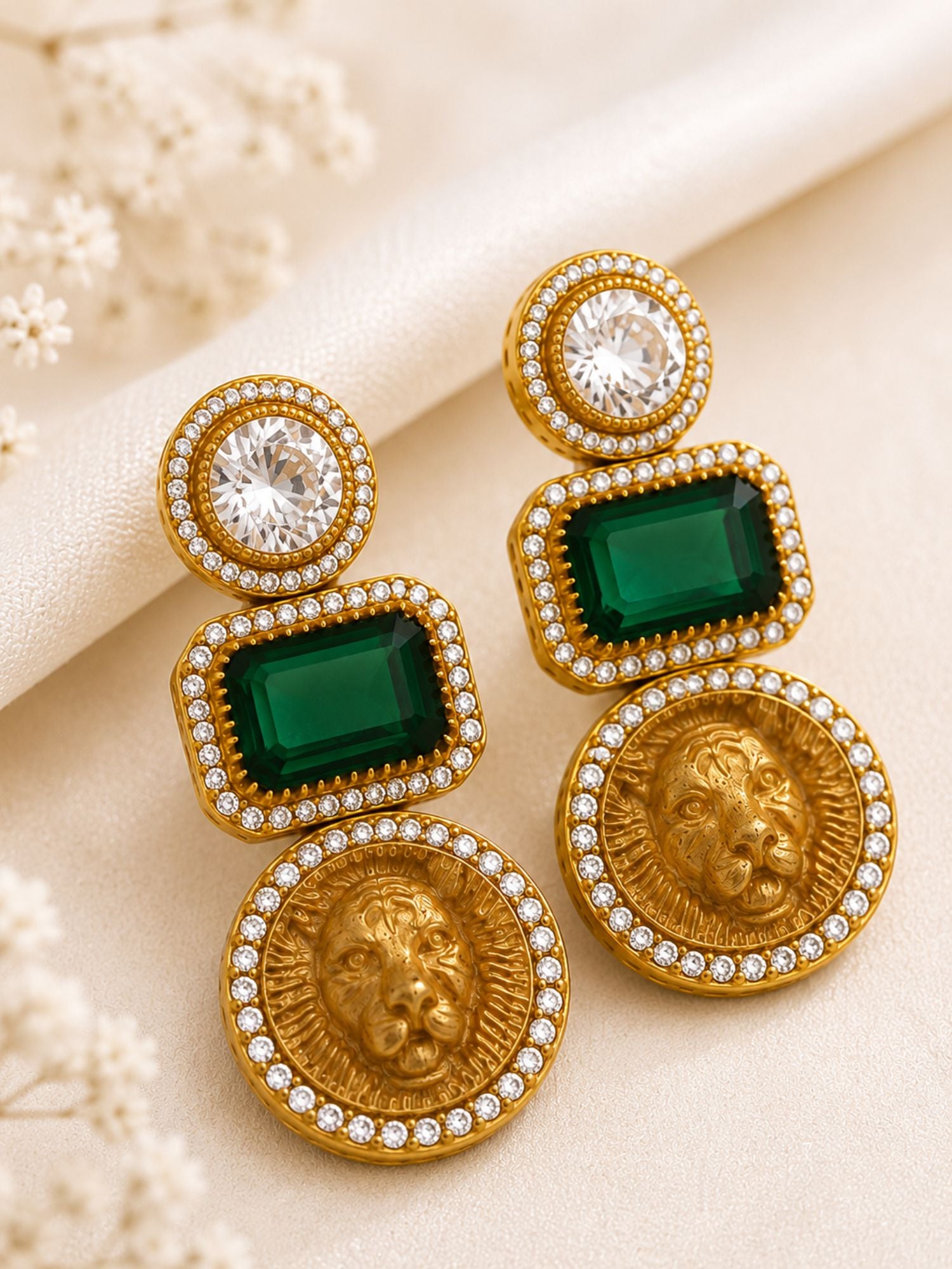 Lion Motif CZ Statement Earrings for Women Gold Plated Abdesigns Jewellery