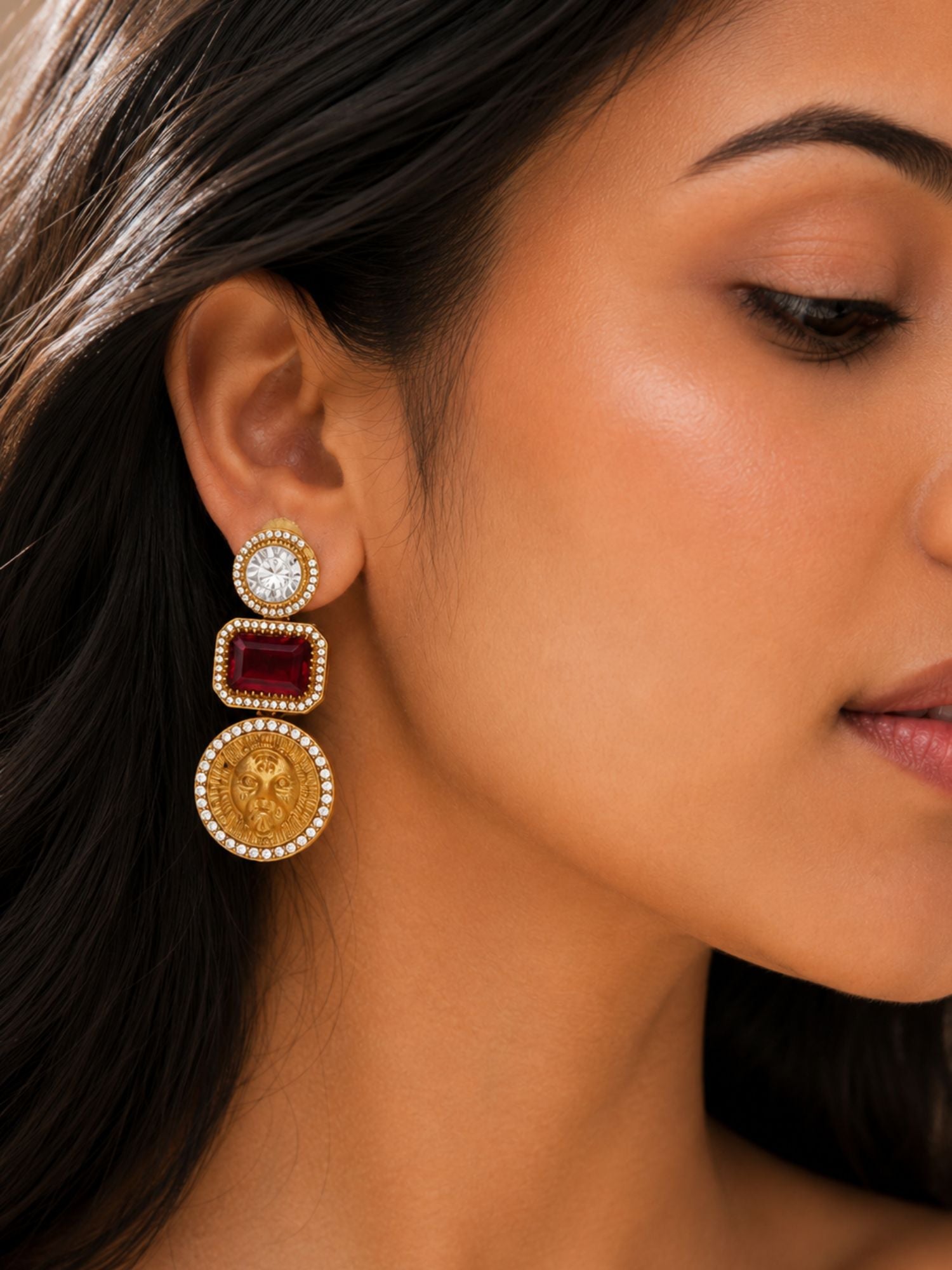 Lion Motif CZ Statement Earrings for Women Gold Plated Abdesigns Jewellery