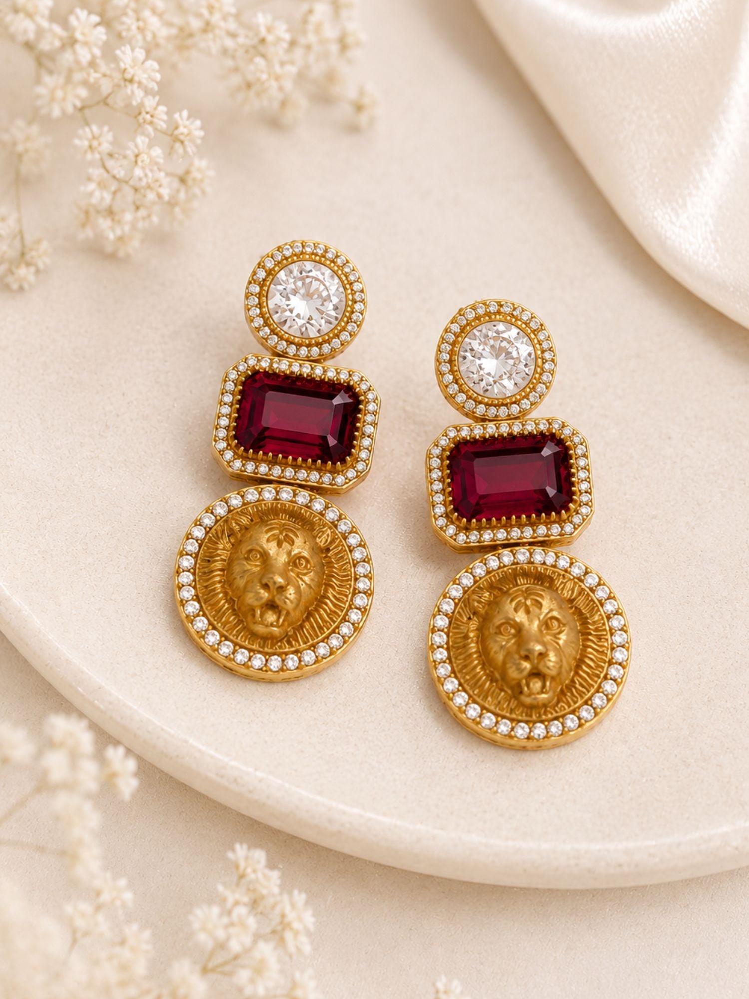 Lion Motif CZ Statement Earrings for Women Gold Plated Abdesigns Jewellery