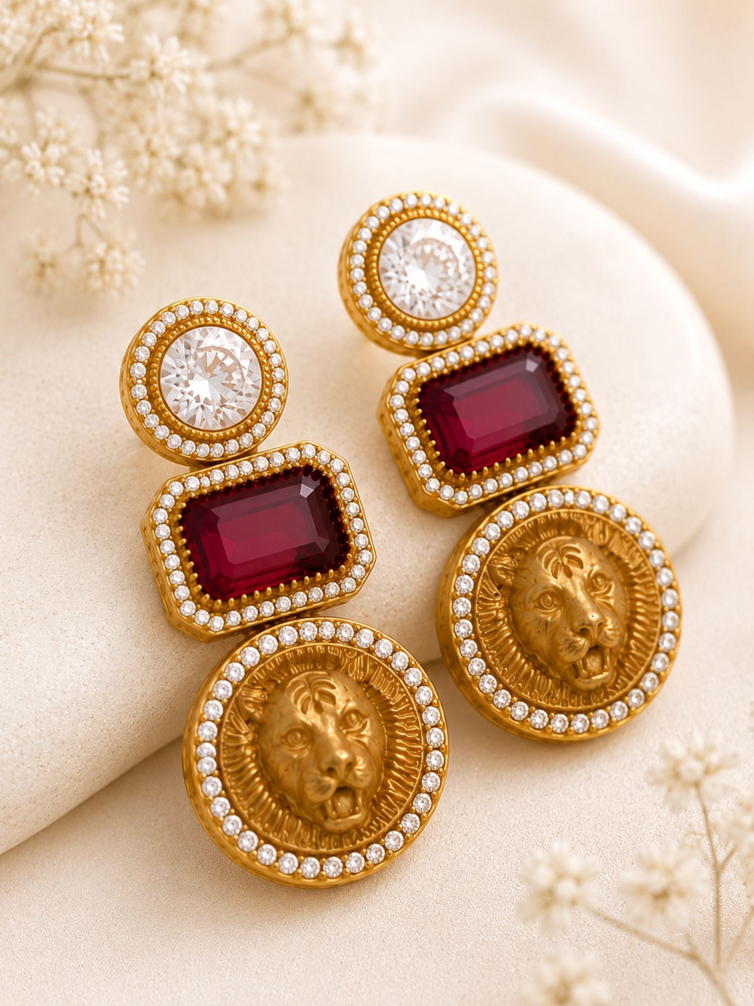 Lion Motif CZ Statement Earrings for Women Gold Plated Abdesigns Jewellery