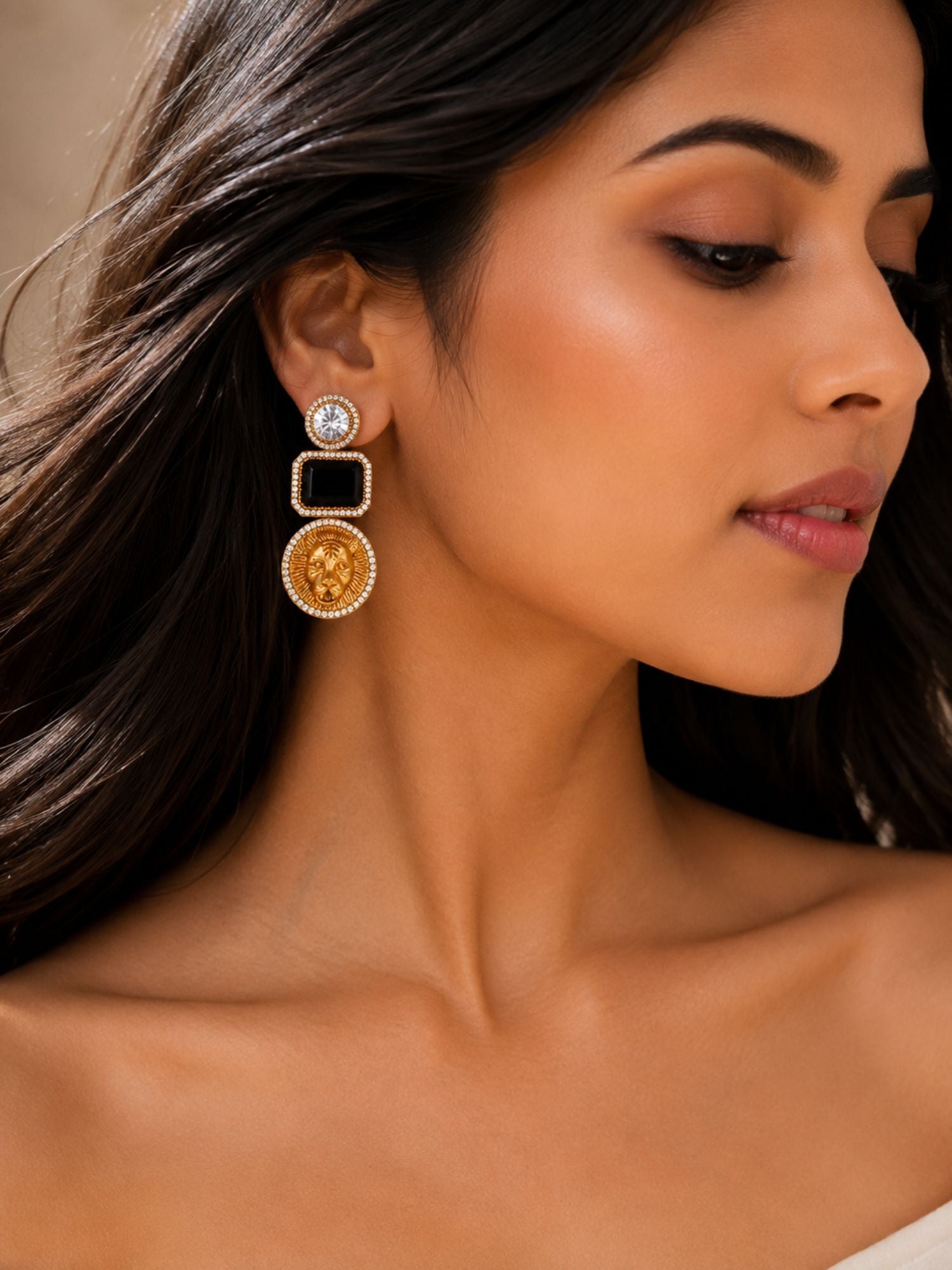 Lion Motif CZ Statement Earrings for Women Gold Plated Abdesigns Jewellery