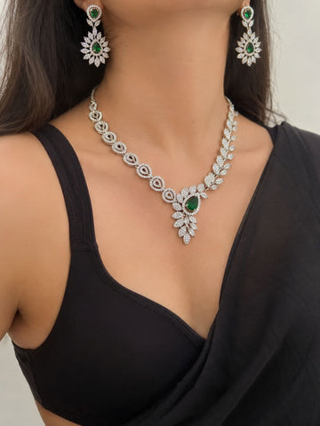 Silver Plated Green American Diamond Floral Necklace Set