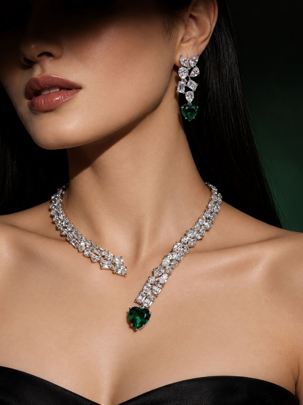 Silver Plated Green Heart AD Stone Necklace Set | Abdesigns Jewellery