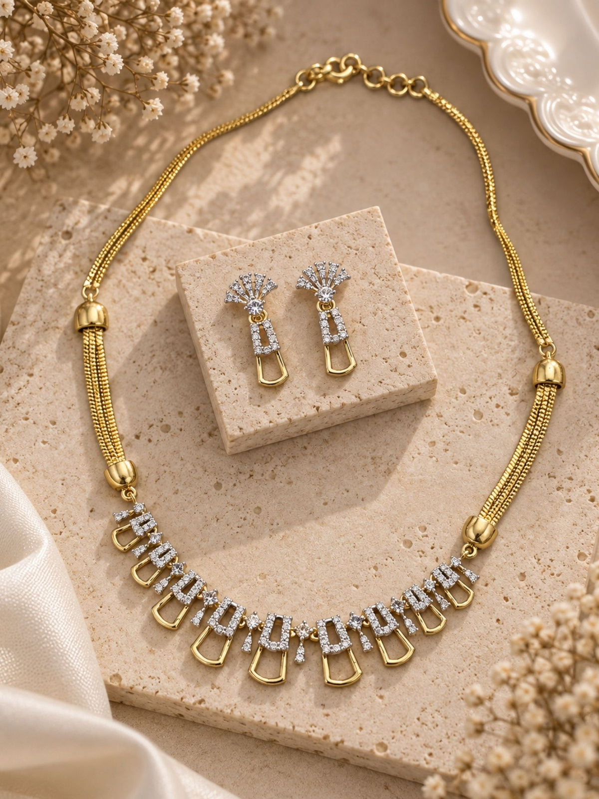 Delicate AD Stone Geometric Drop Necklace Set with Earrings