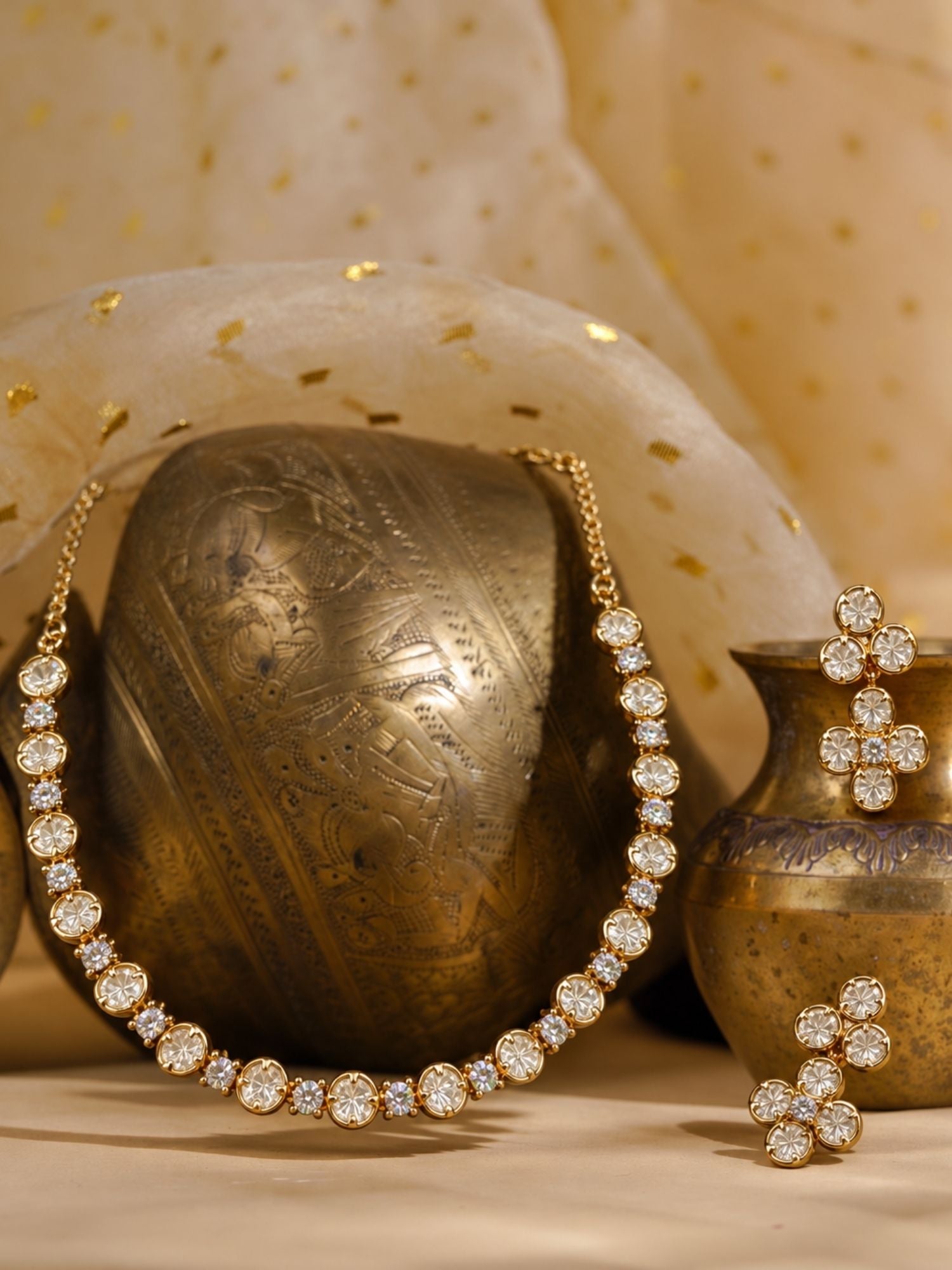 Gold Plated Kundan Polki Floral Necklace Set with Earrings