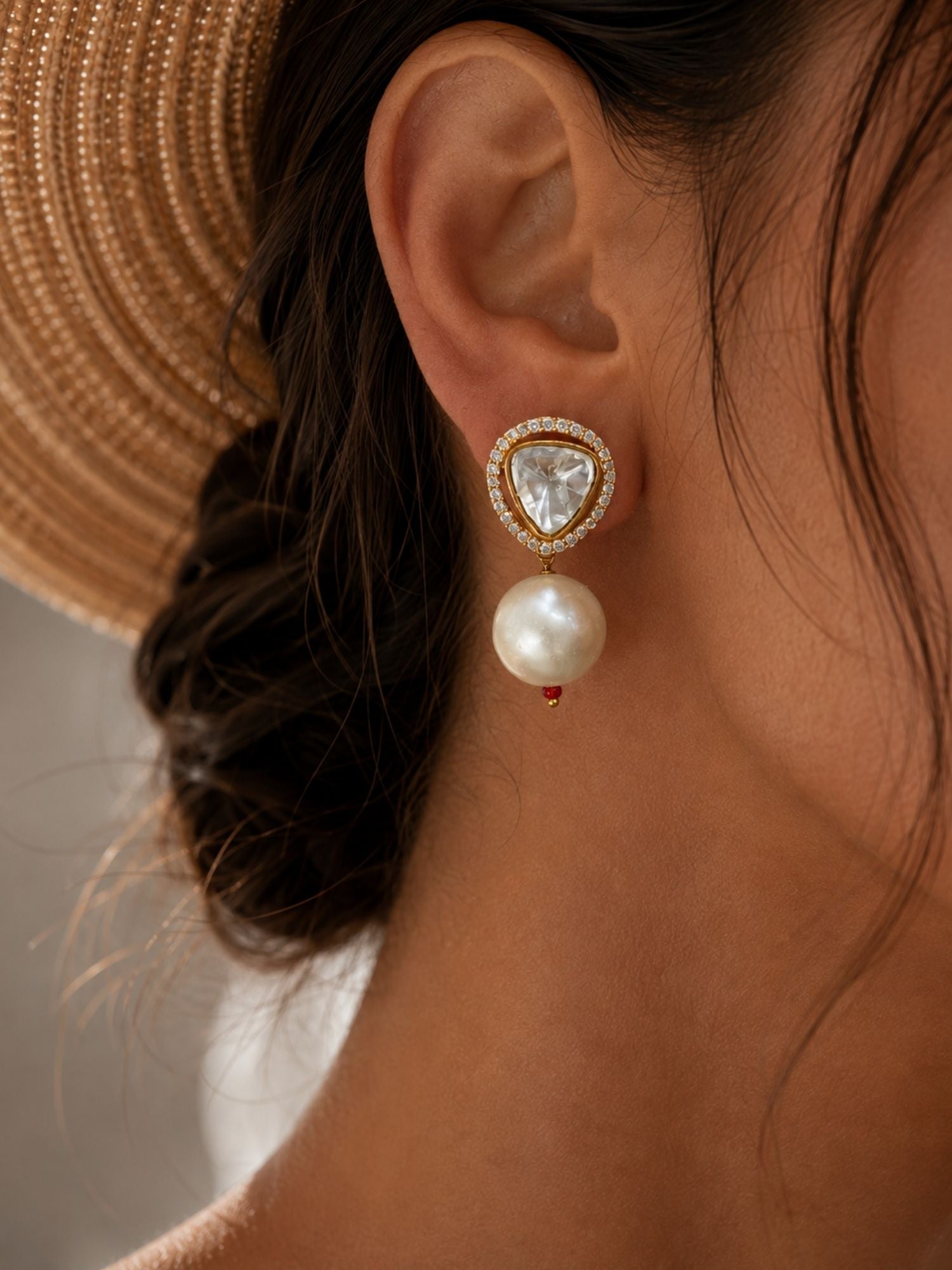 Combo Of Gold Plated Kundan Pearl & Green Bead Earrings