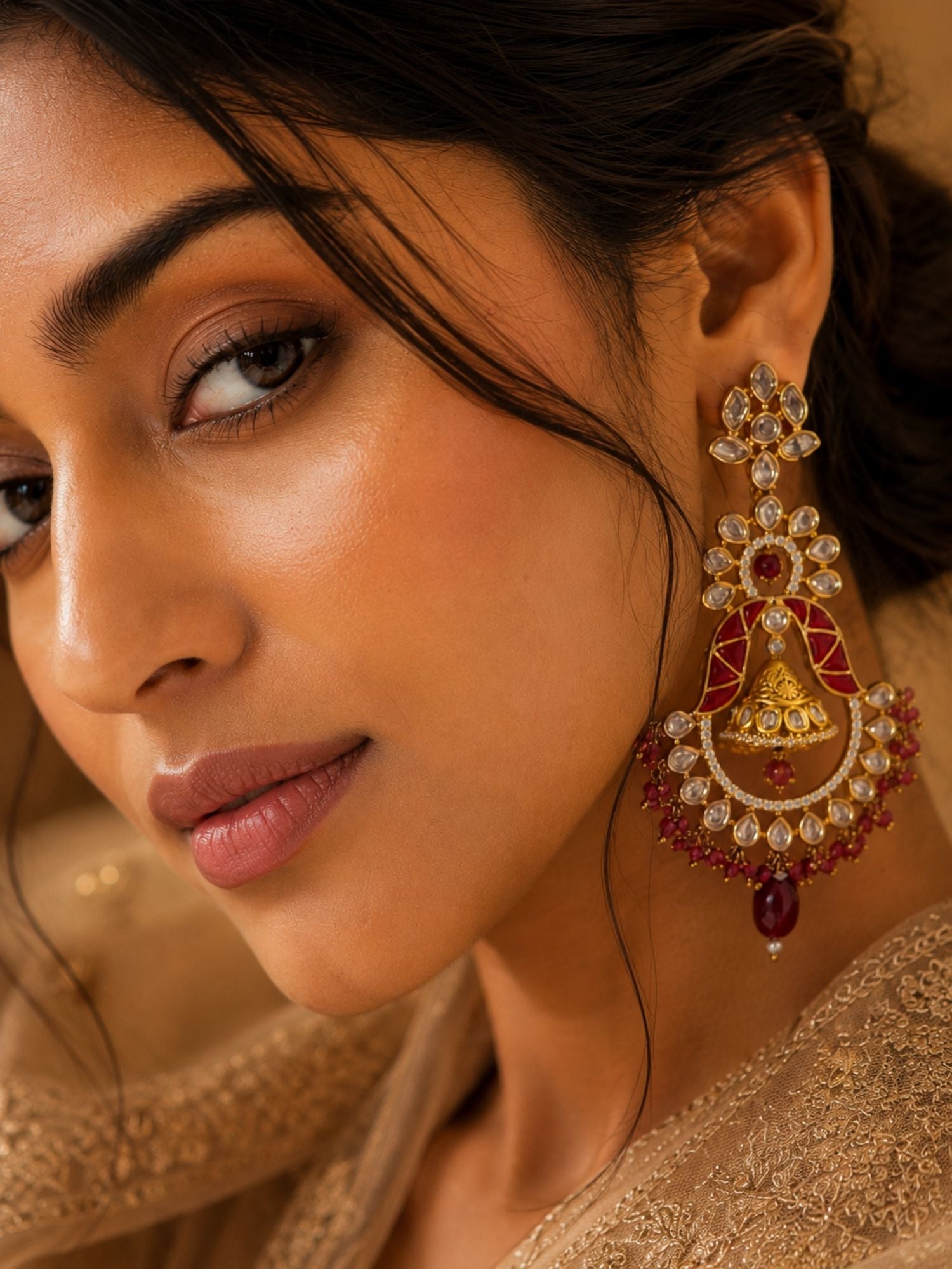 Red Kundan Chandbali Earrings in Gold Finish – Festive Wear | Abdesigns Jewellery
