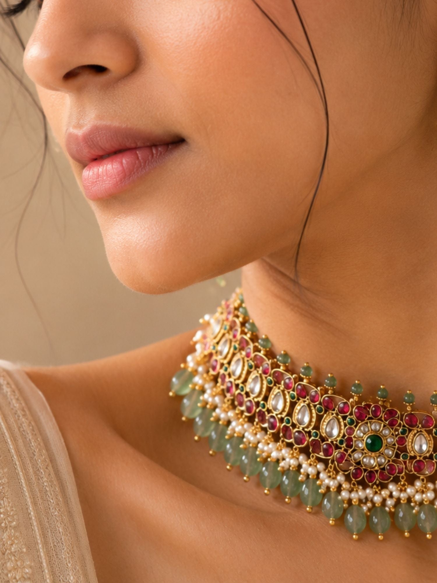 Abdesigns Kundan Kemp Stone Choker Green Bead Drops Necklace Set