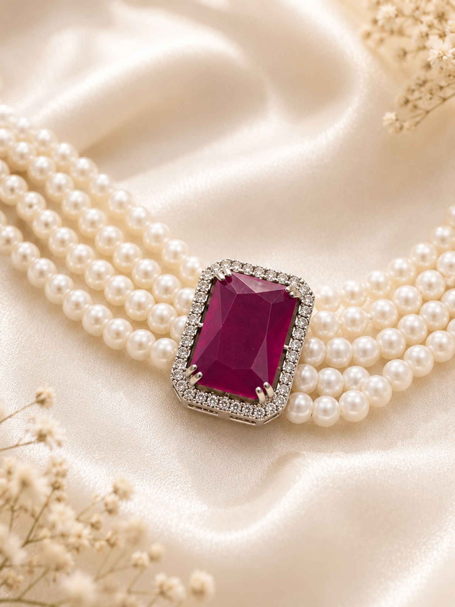 Ruby Pearl Choker Set in Silver Plating – Bridal | Abdesigns