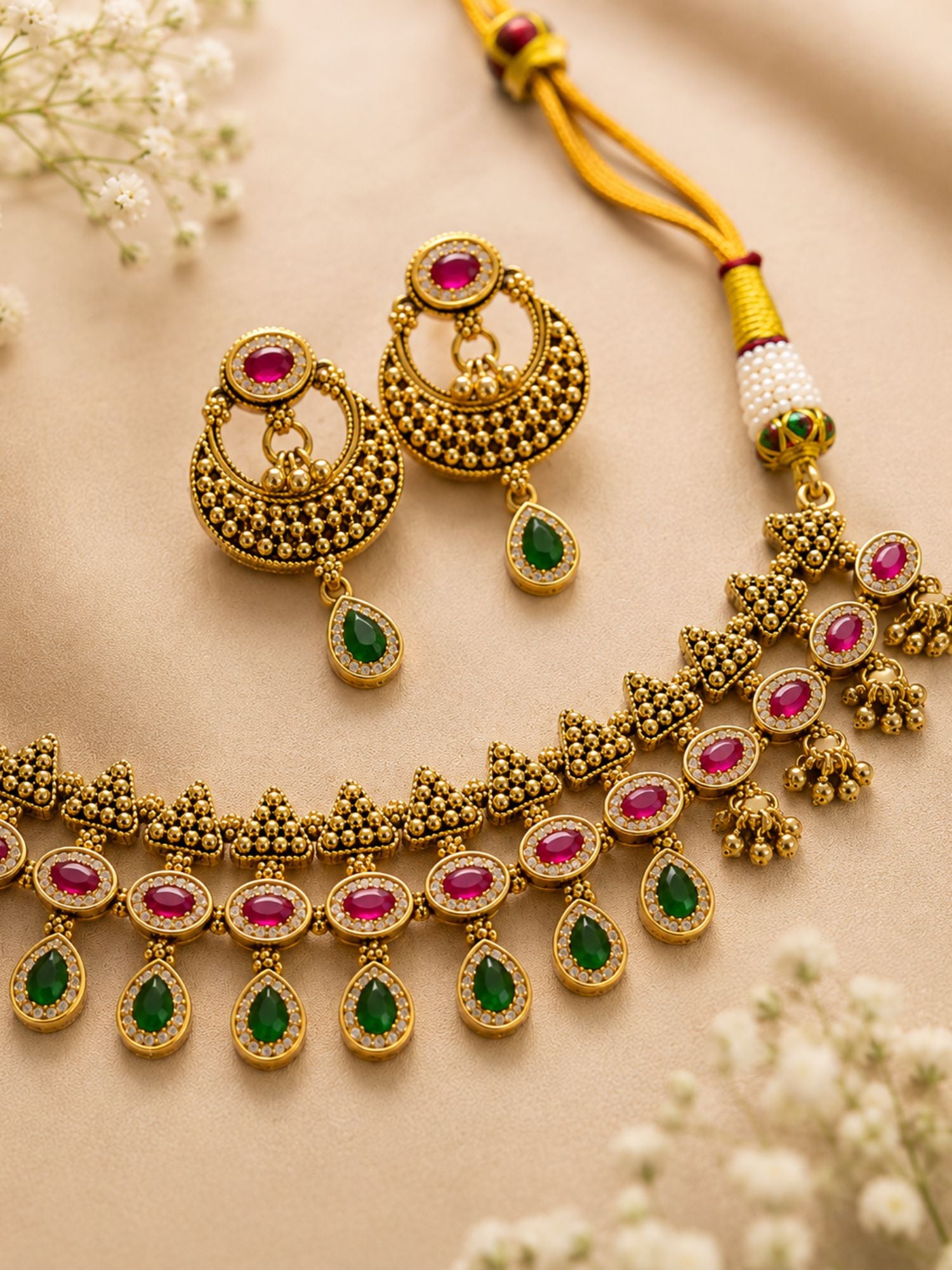 Antique Gold Plated Pink & Green Stone Temple Necklace Set