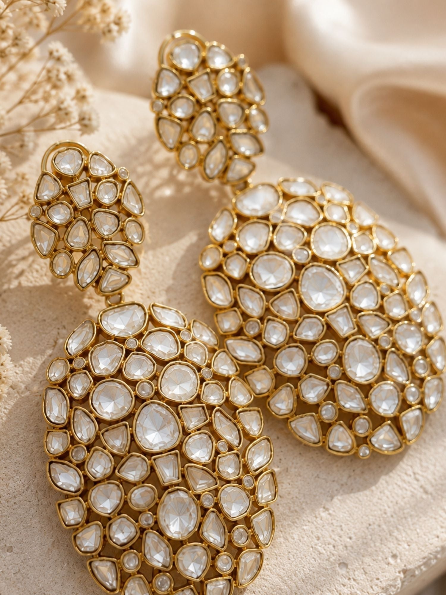 Pair of Kundan elephant charm long drop earrings, gold plated
