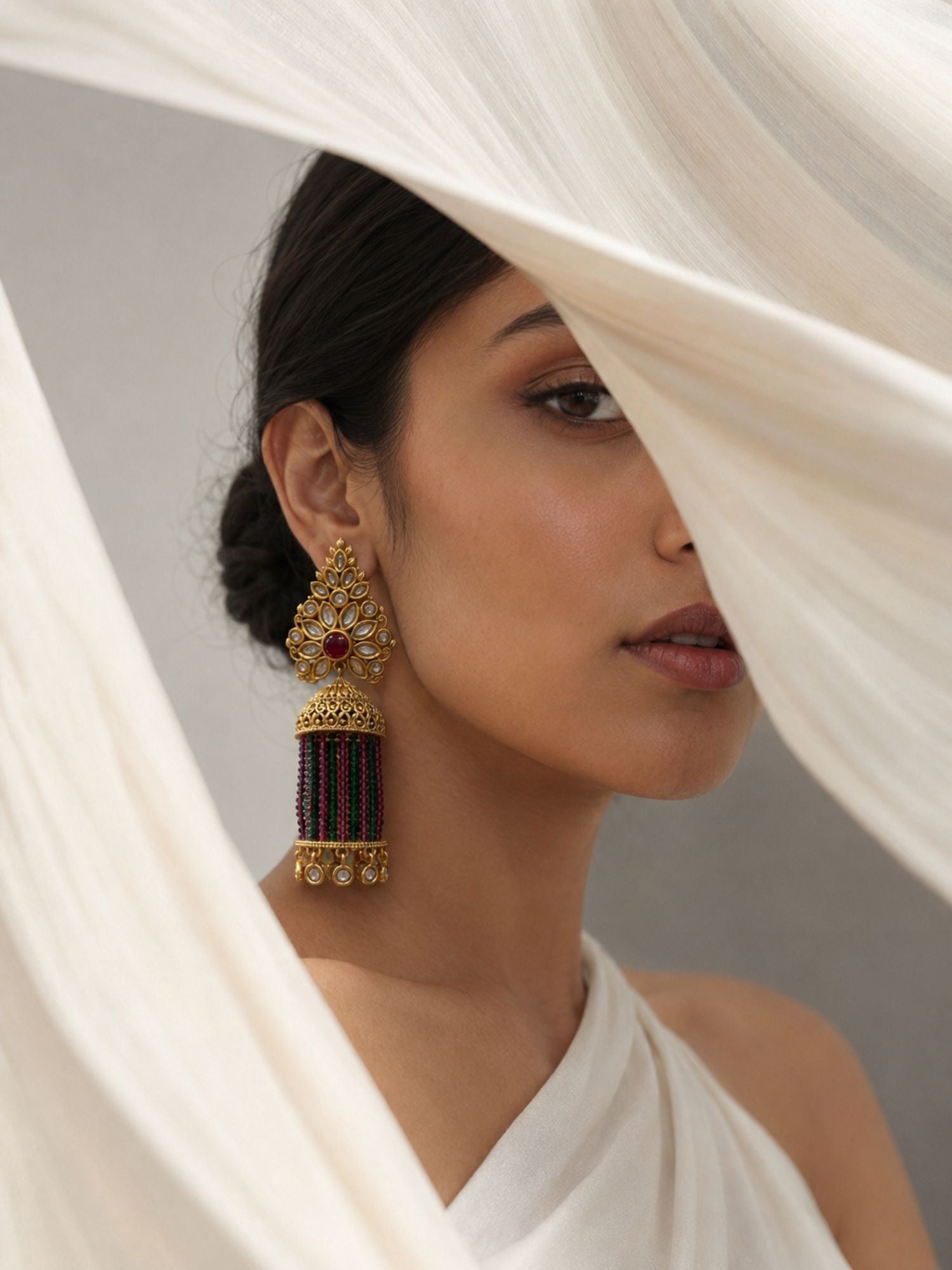 Traditional Pink Green Beaded Jhumka Earrings – Kundan Tassel Statement Earrings - earrings by Abdesigns Jewellery
