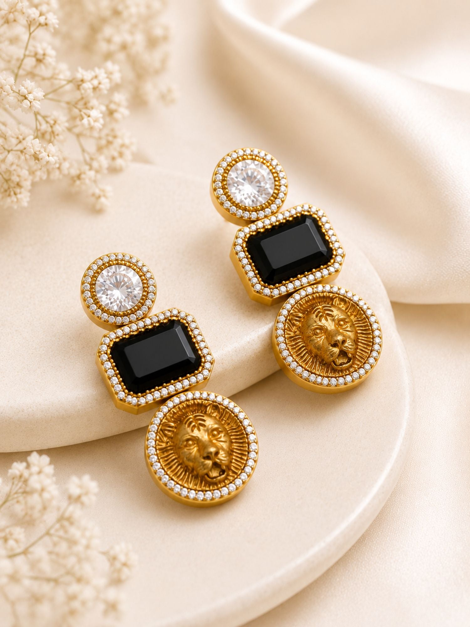 Lion Motif CZ Statement Earrings for Women Gold Plated Abdesigns Jewellery