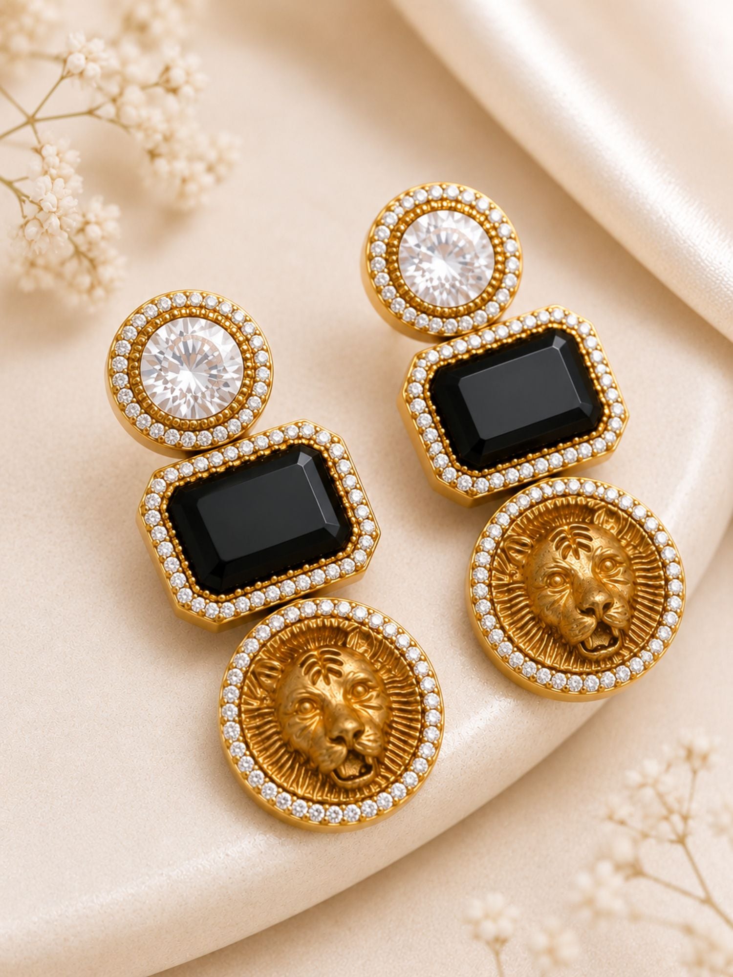 Lion Motif CZ Statement Earrings for Women Gold Plated Abdesigns Jewellery