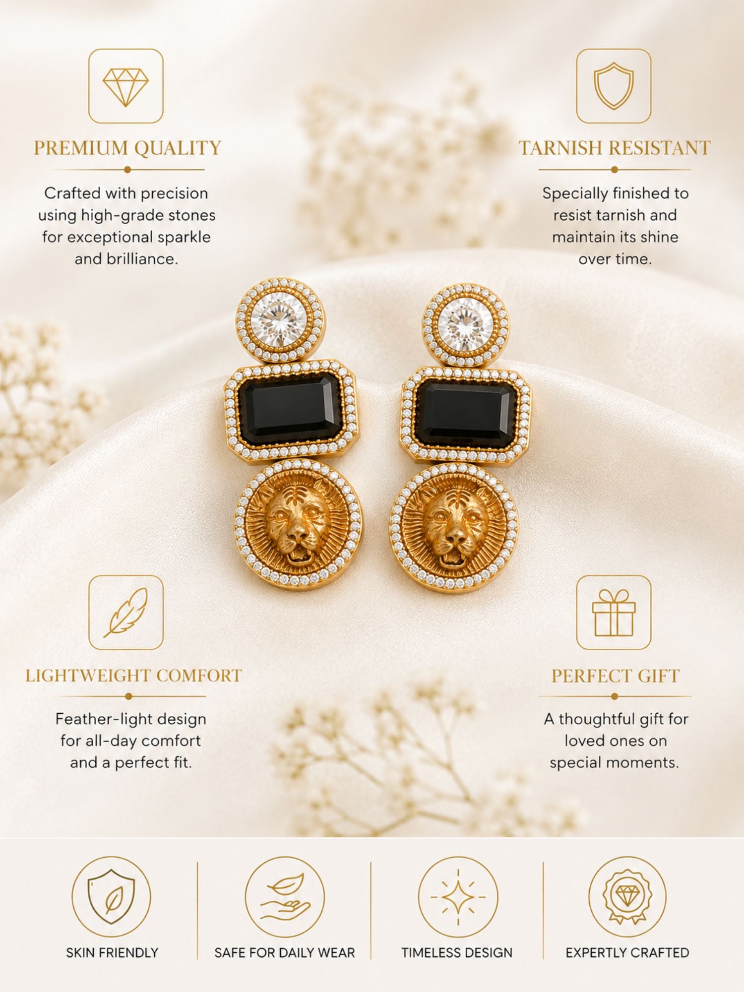 Lion Motif CZ Statement Earrings for Women Gold Plated Abdesigns Jewellery