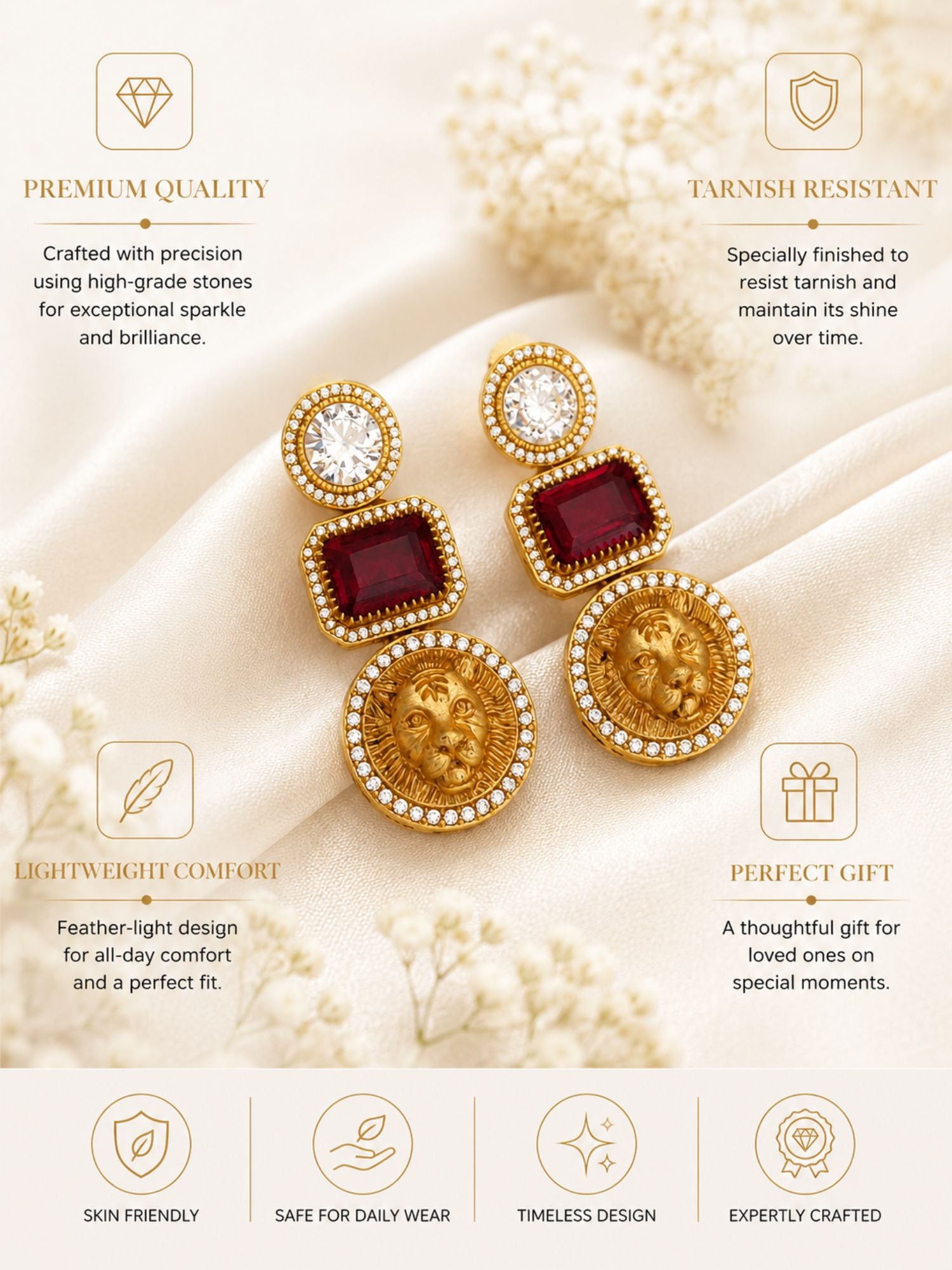 Lion Motif CZ Statement Earrings for Women Gold Plated Abdesigns Jewellery