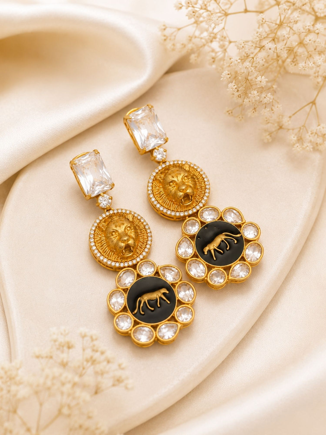 Statement Lion Tiger CZ Drop Earrings in Gold Plating | Abdesigns