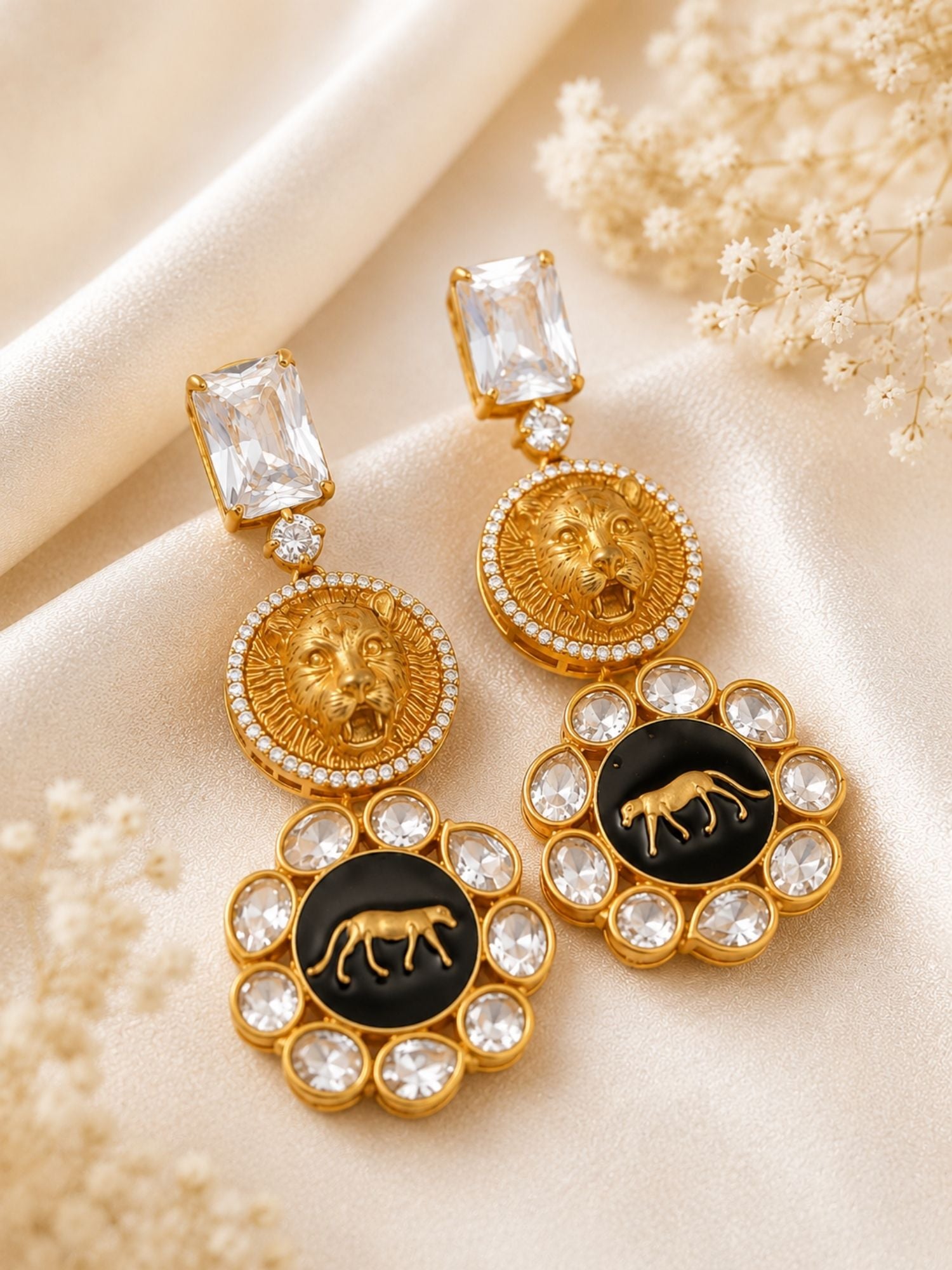 Statement Lion Tiger CZ Drop Earrings in Gold Plating | Abdesigns