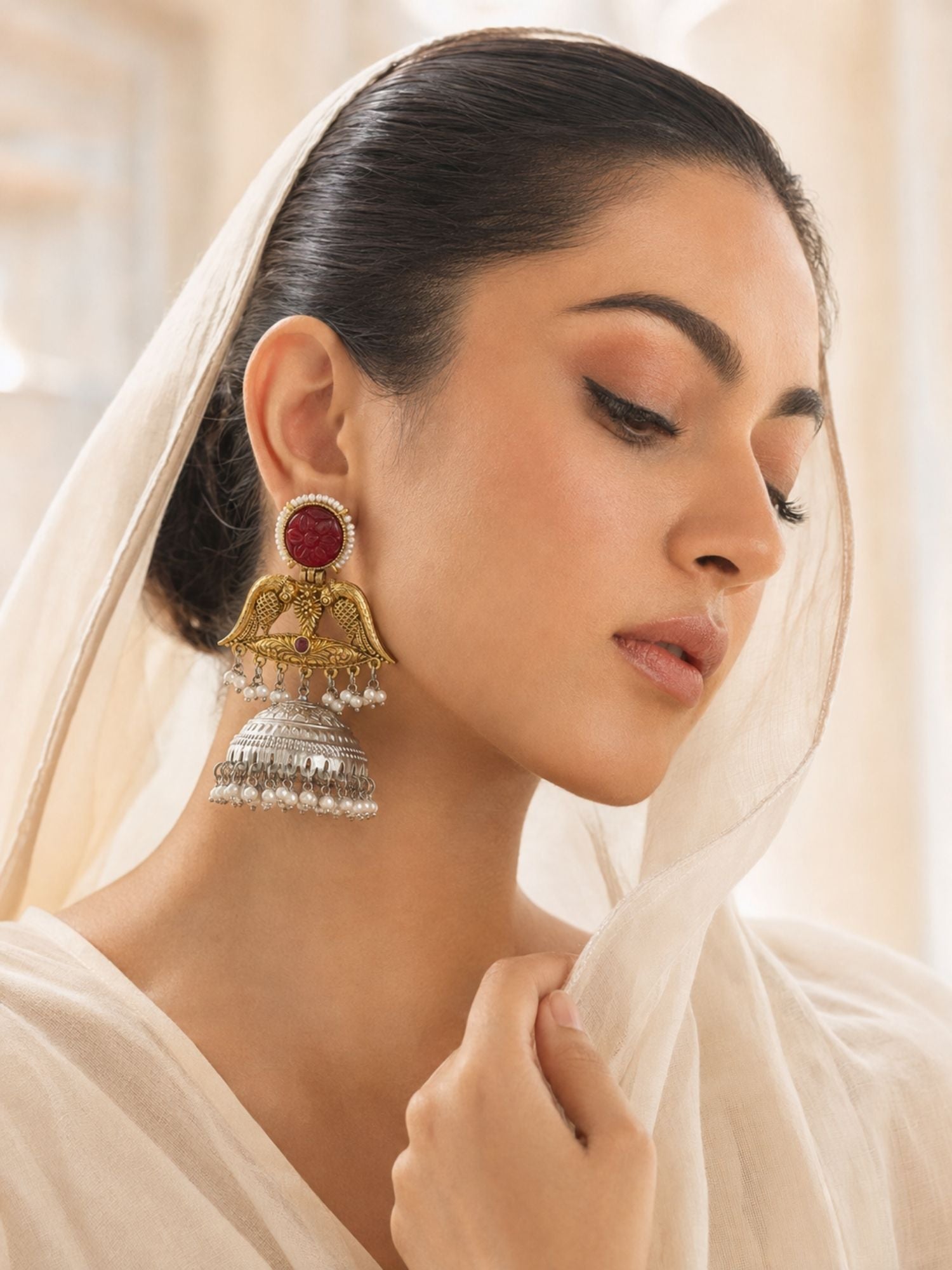 Dual Tone Pink Meenakari German Silver Jhumka Earrings Combo Set of 2 for Women