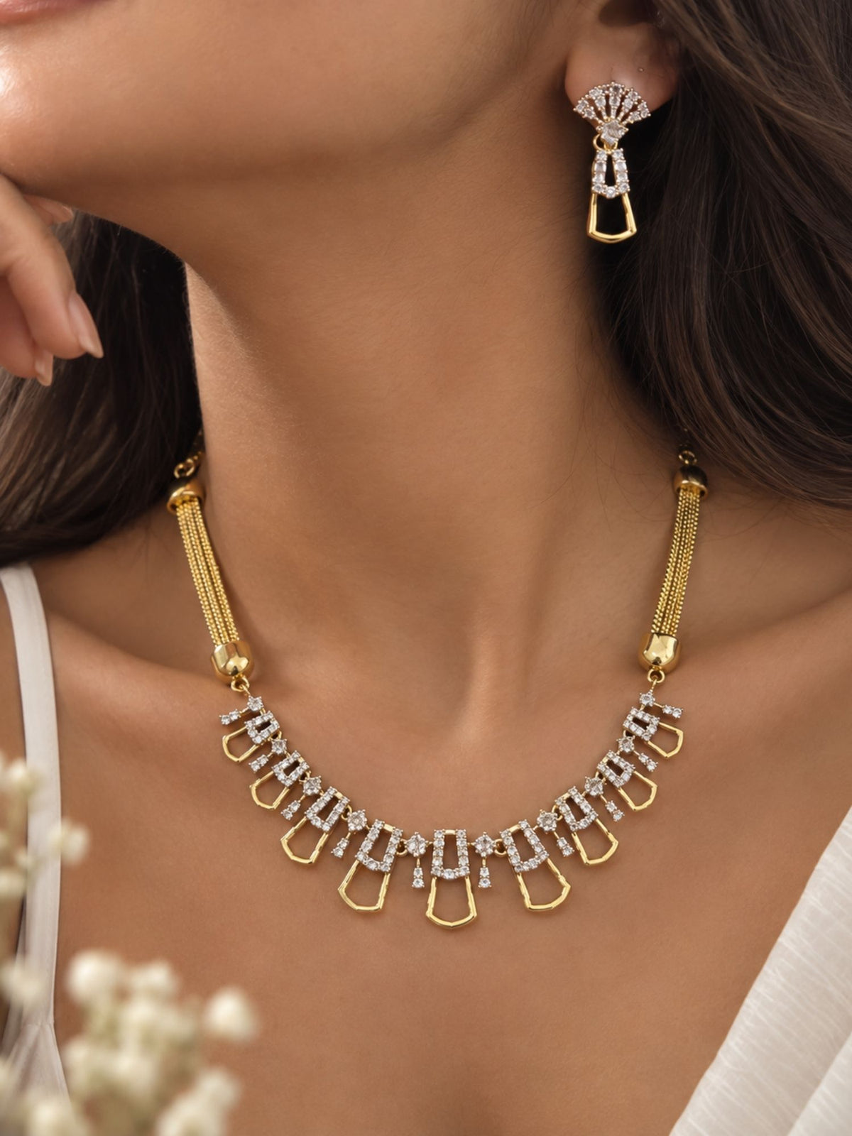 Delicate AD Stone Geometric Drop Necklace Set with Earrings